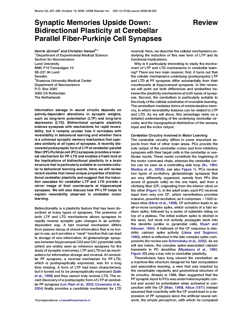 Synaptic Memories Upside Down: Bidirectional Plasticity at Cerebellar Parallel Fiber-Purkinje Cell Synapses