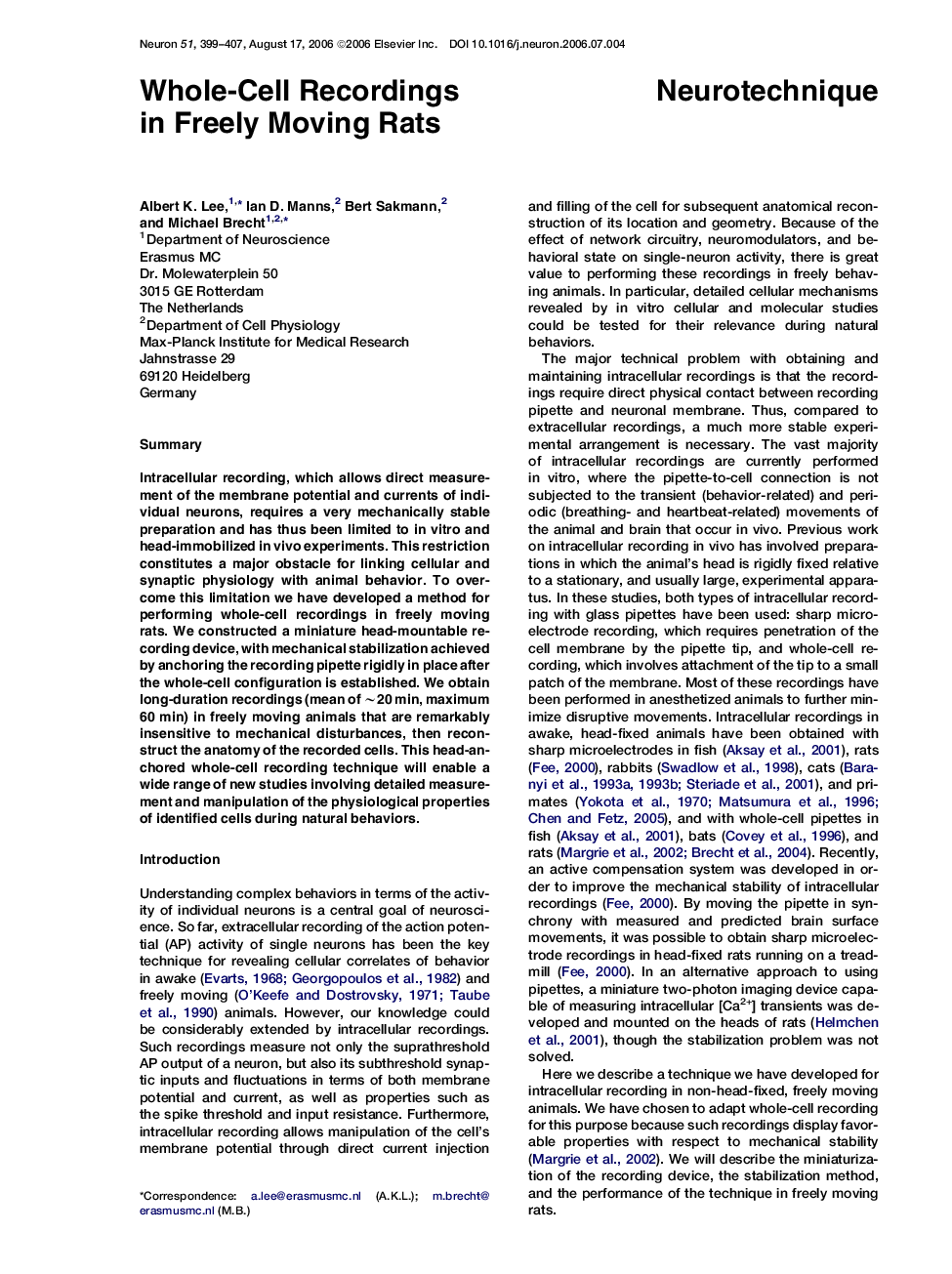 Whole-Cell Recordings in Freely Moving Rats