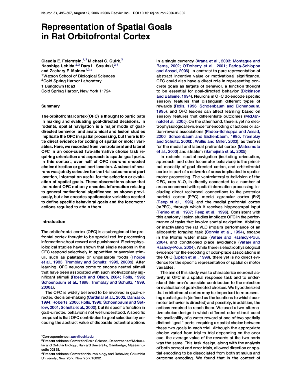 Representation of Spatial Goals in Rat Orbitofrontal Cortex