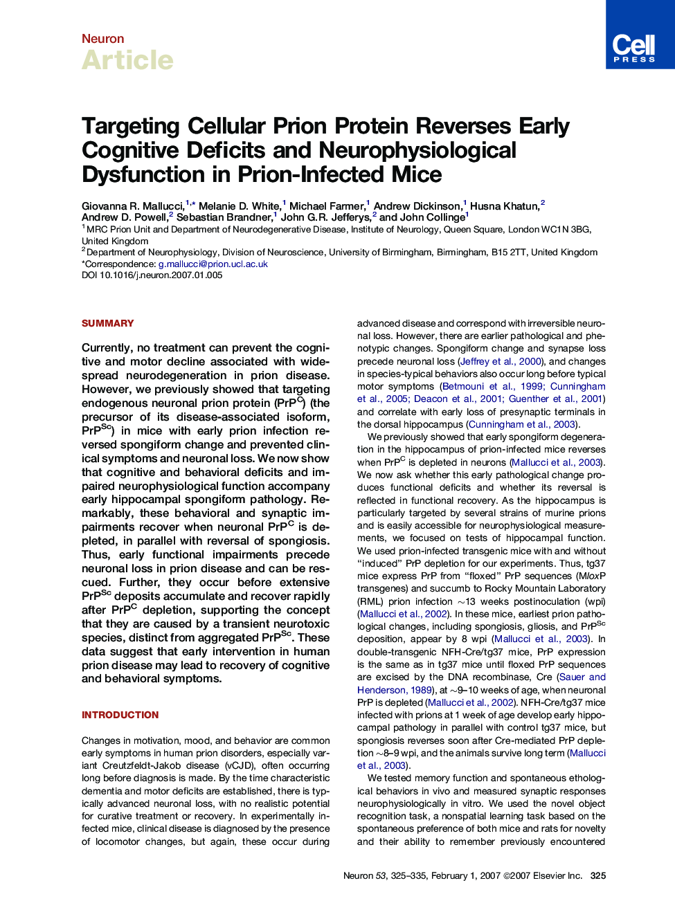 Targeting Cellular Prion Protein Reverses Early Cognitive Deficits and Neurophysiological Dysfunction in Prion-Infected Mice