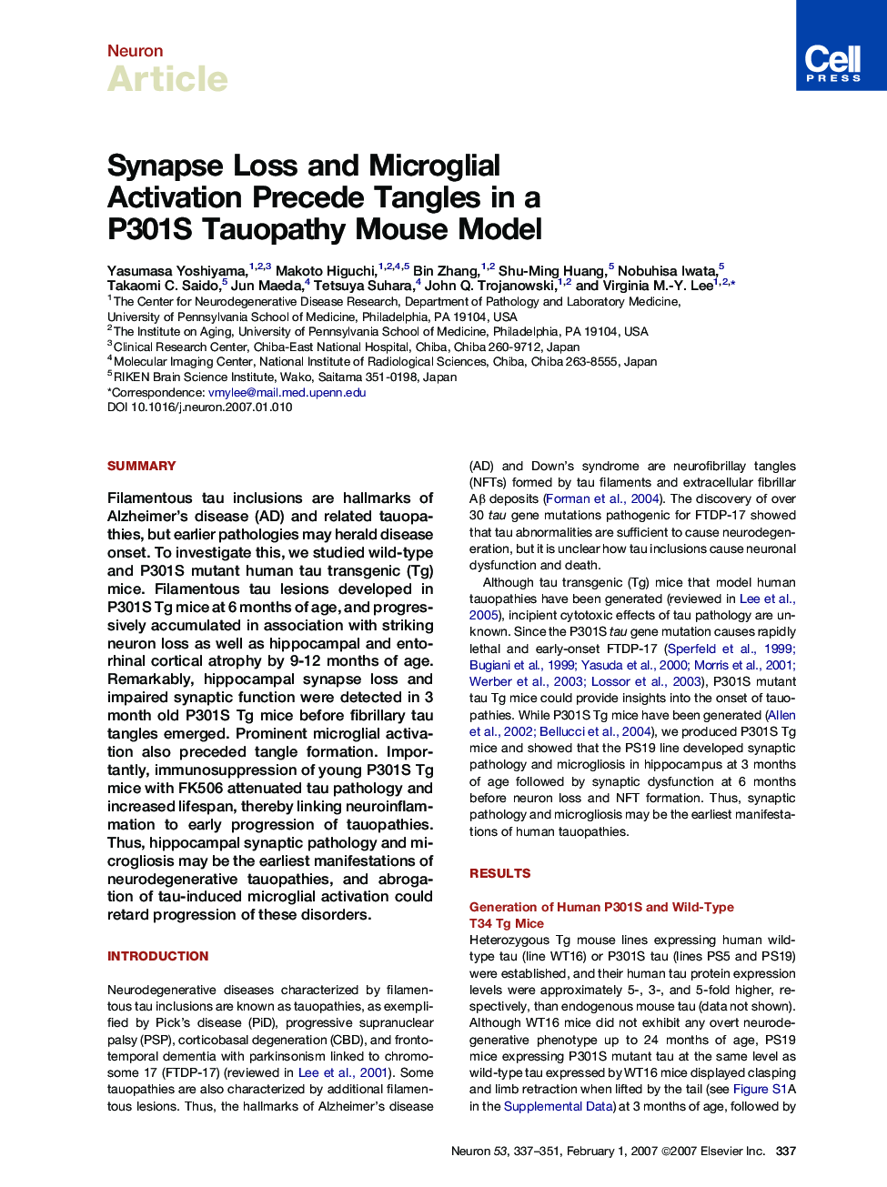 Synapse Loss and Microglial Activation Precede Tangles in a P301S Tauopathy Mouse Model