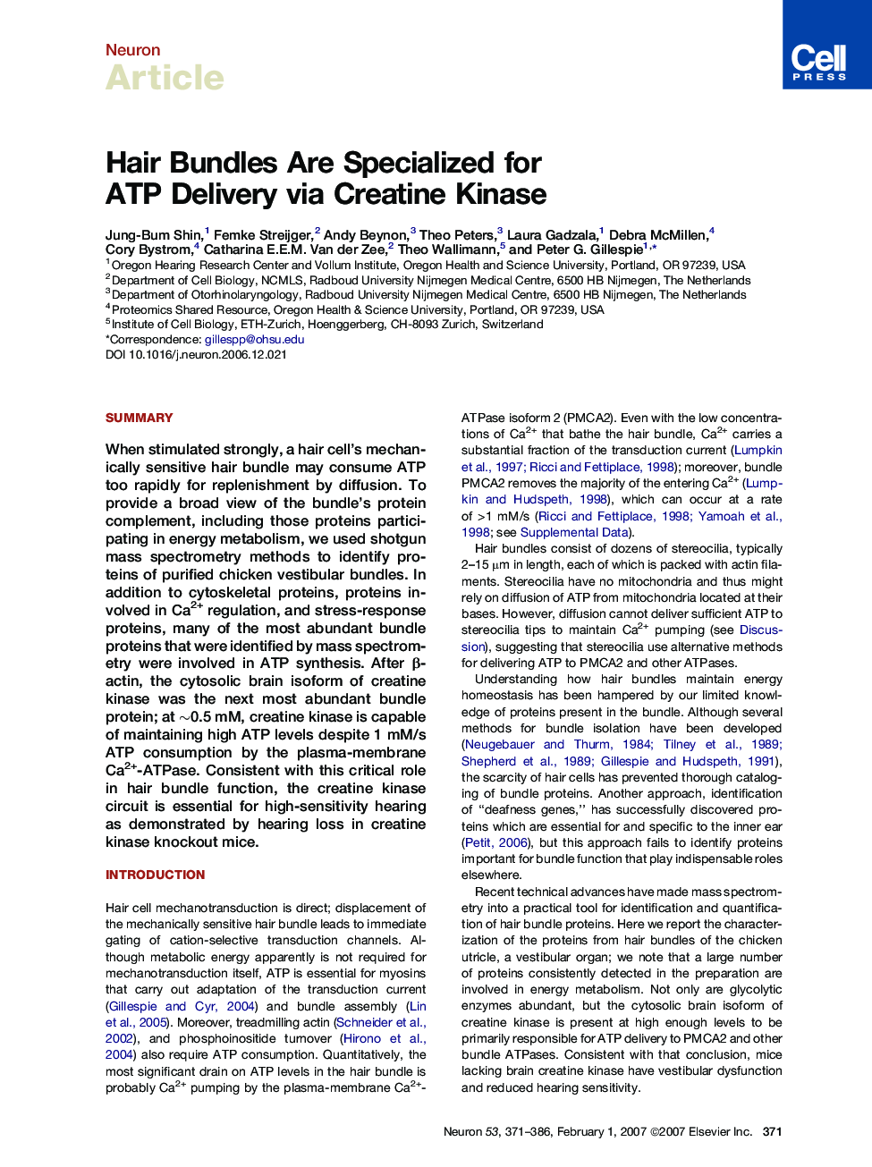 Hair Bundles Are Specialized for ATP Delivery via Creatine Kinase