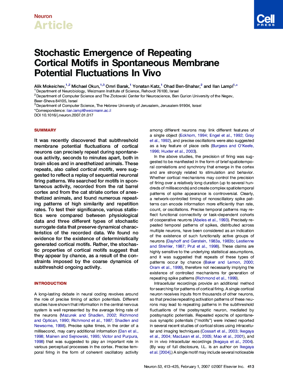 Stochastic Emergence of Repeating Cortical Motifs in Spontaneous Membrane Potential Fluctuations In Vivo