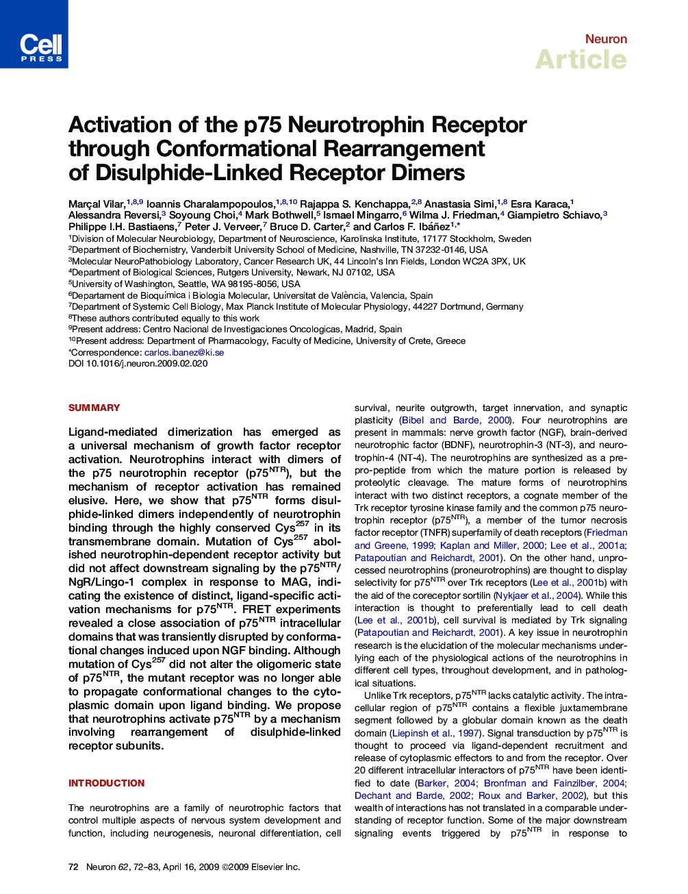 Activation of the p75 Neurotrophin Receptor through Conformational Rearrangement of Disulphide-Linked Receptor Dimers