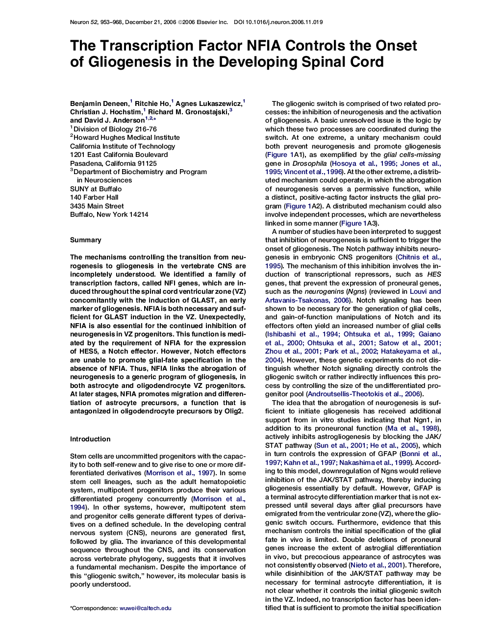 The Transcription Factor NFIA Controls the Onset of Gliogenesis in the Developing Spinal Cord