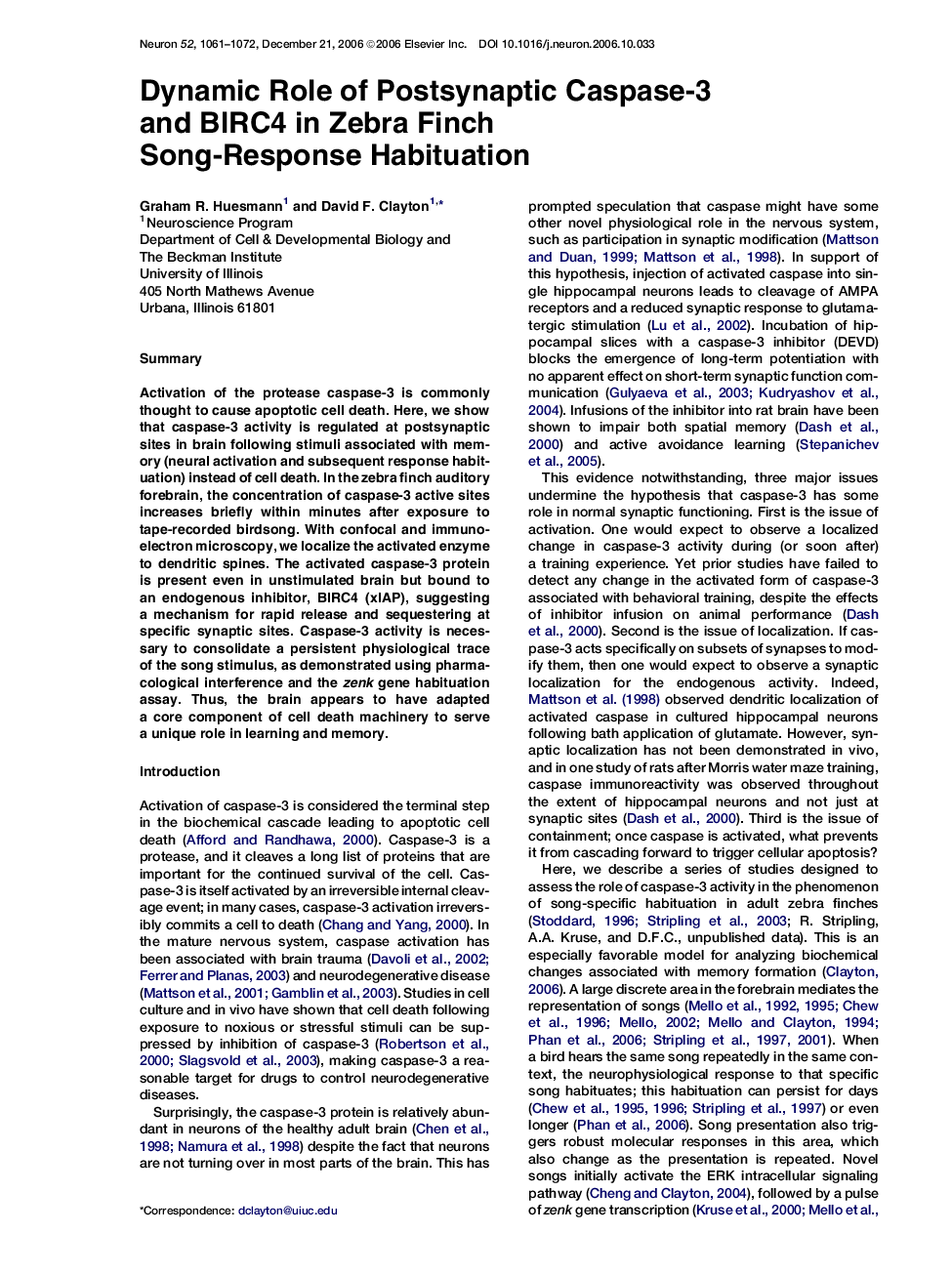 Dynamic Role of Postsynaptic Caspase-3 and BIRC4 in Zebra Finch Song-Response Habituation