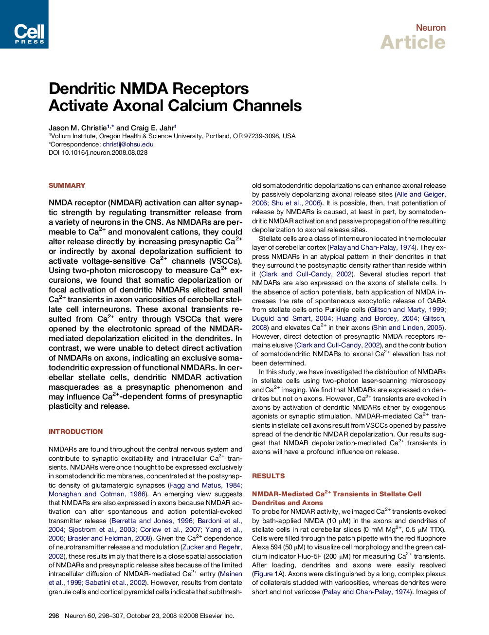 Dendritic NMDA Receptors Activate Axonal Calcium Channels