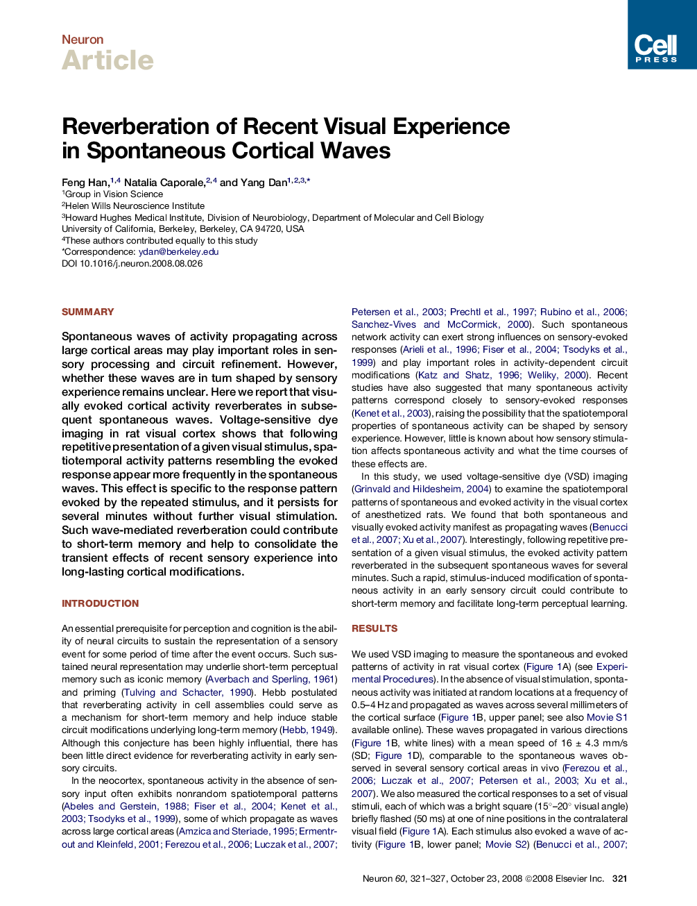 Reverberation of Recent Visual Experience in Spontaneous Cortical Waves
