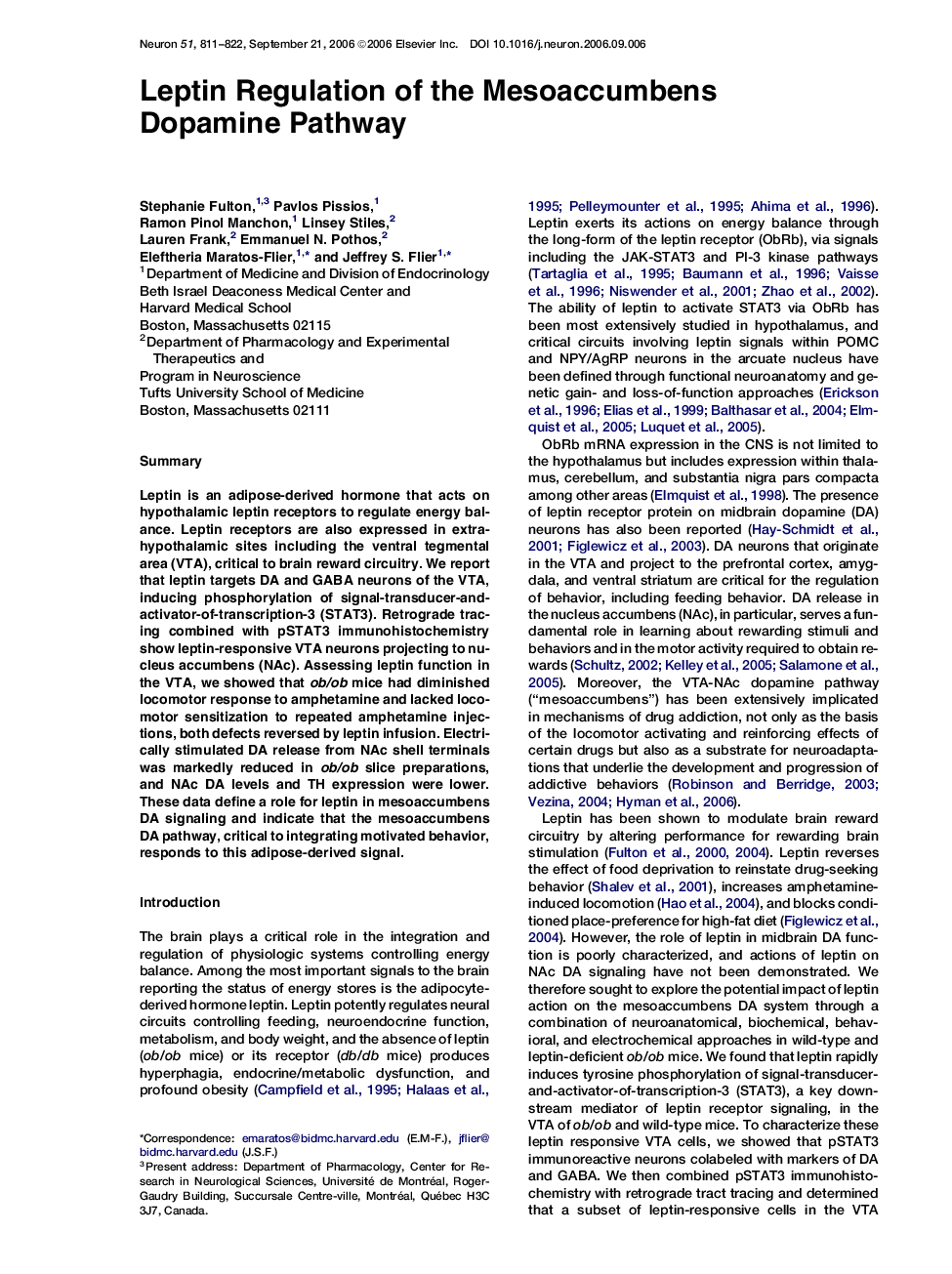 Leptin Regulation of the Mesoaccumbens Dopamine Pathway