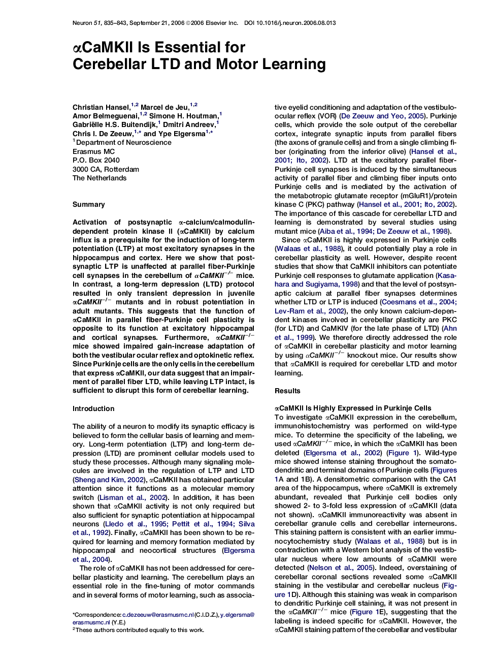 αCaMKII Is Essential for Cerebellar LTD and Motor Learning