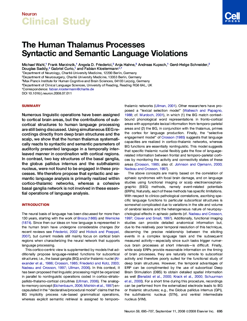 The Human Thalamus Processes Syntactic and Semantic Language Violations