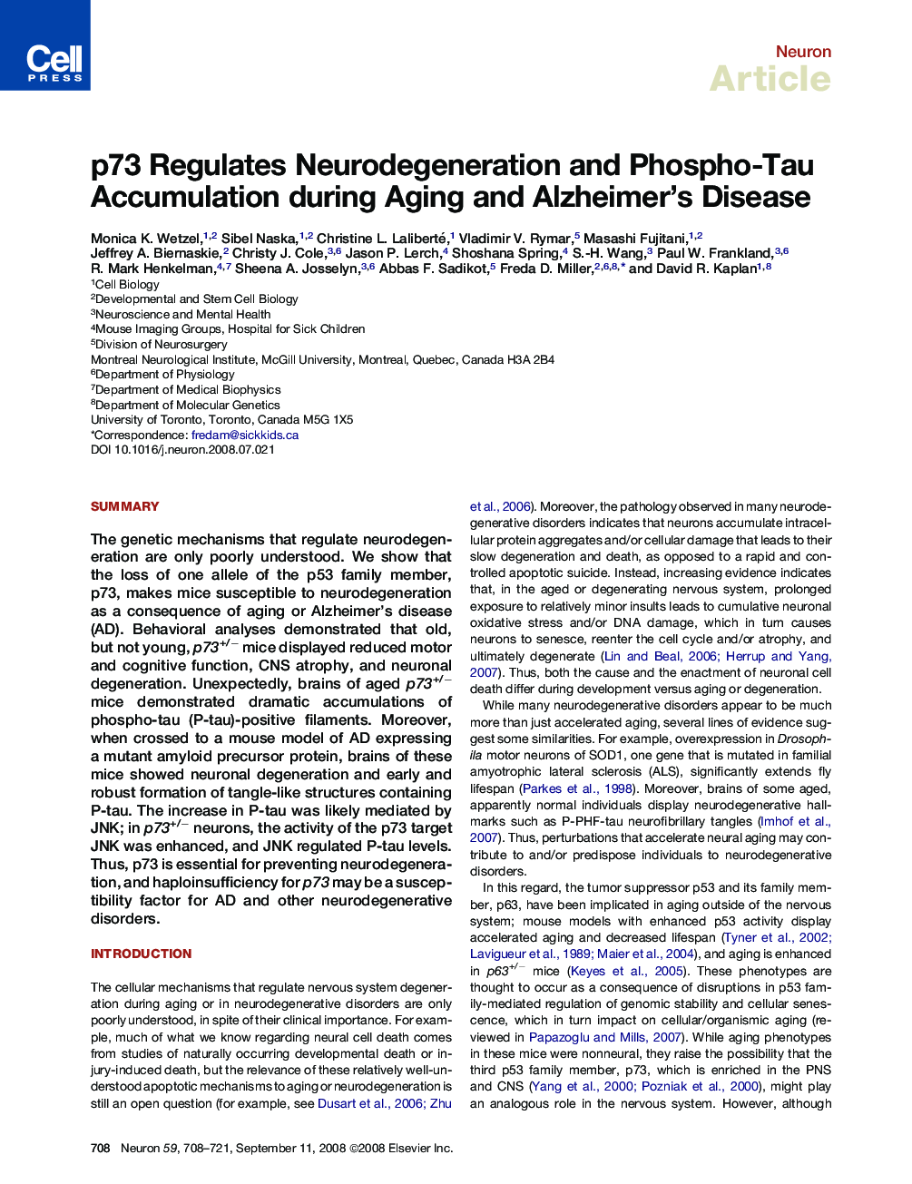 p73 Regulates Neurodegeneration and Phospho-Tau Accumulation during Aging and Alzheimer's Disease