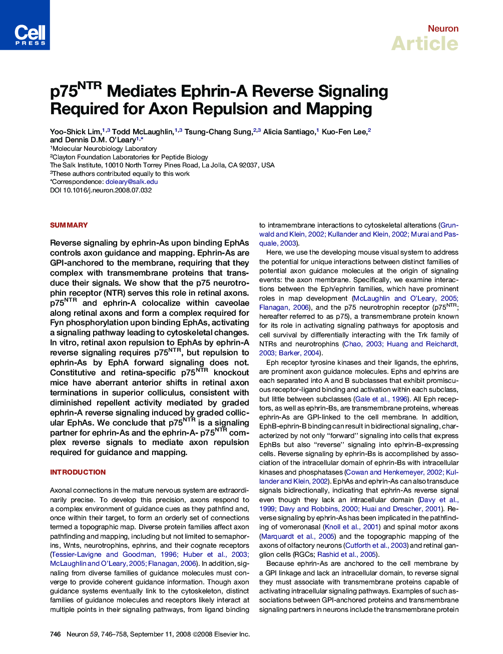 p75NTR Mediates Ephrin-A Reverse Signaling Required for Axon Repulsion and Mapping