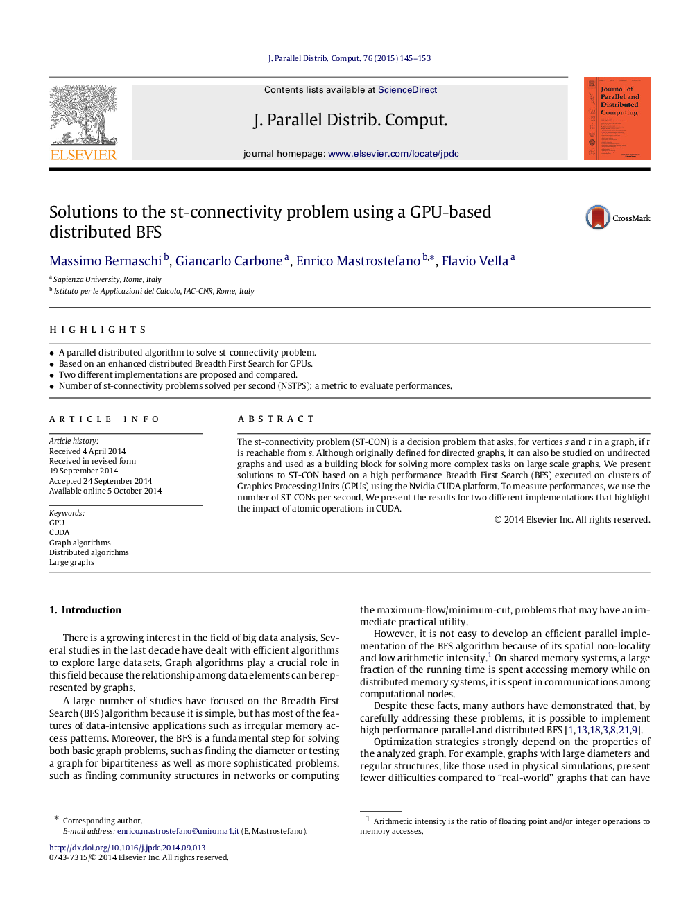 Solutions to the st-connectivity problem using a GPU-based distributed BFS