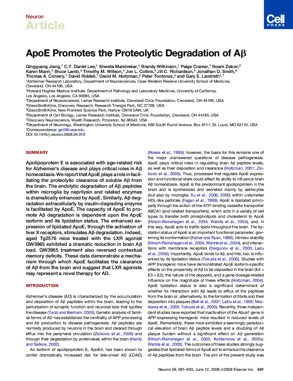 ApoE Promotes the Proteolytic Degradation of Aβ