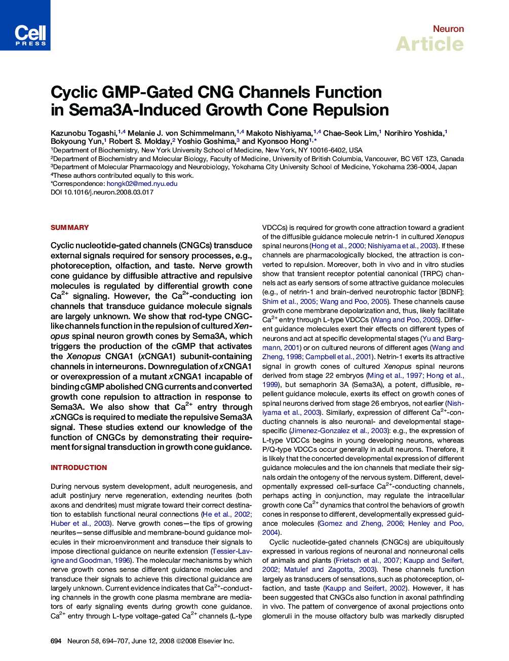 Cyclic GMP-Gated CNG Channels Function in Sema3A-Induced Growth Cone Repulsion