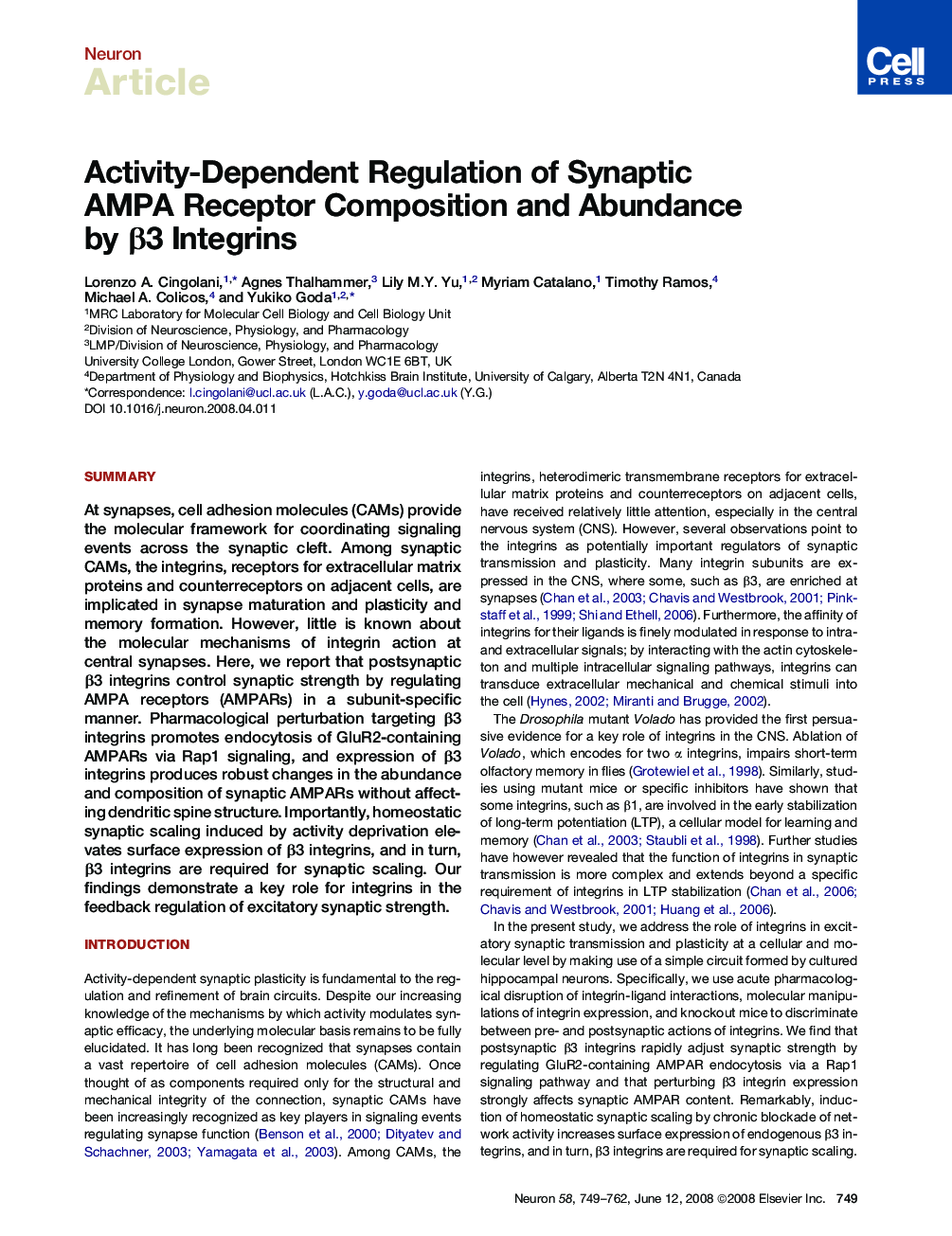 Activity-Dependent Regulation of Synaptic AMPA Receptor Composition and Abundance by β3 Integrins