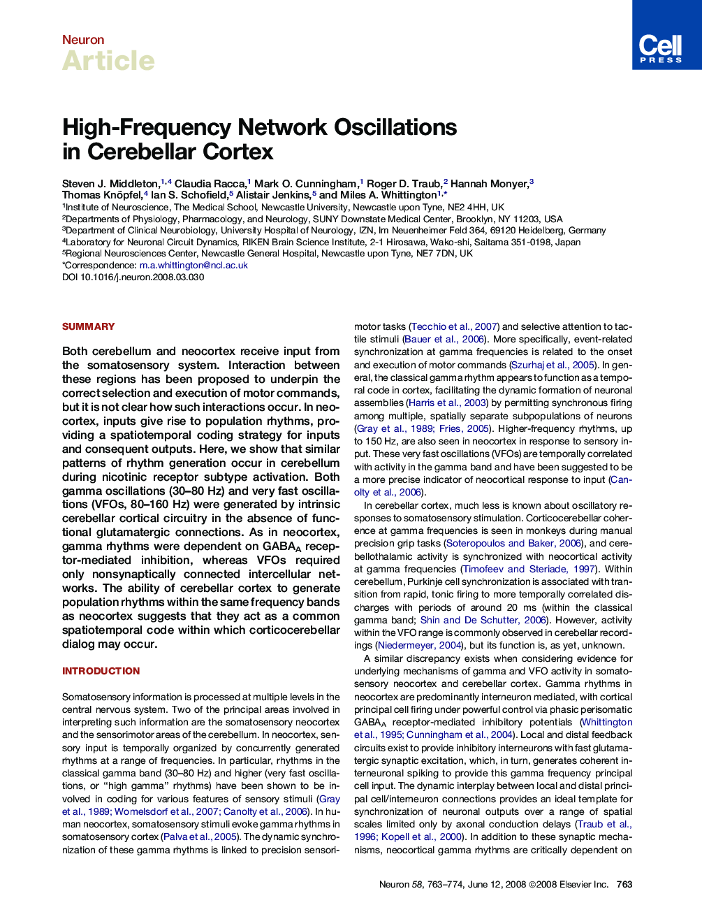 High-Frequency Network Oscillations in Cerebellar Cortex