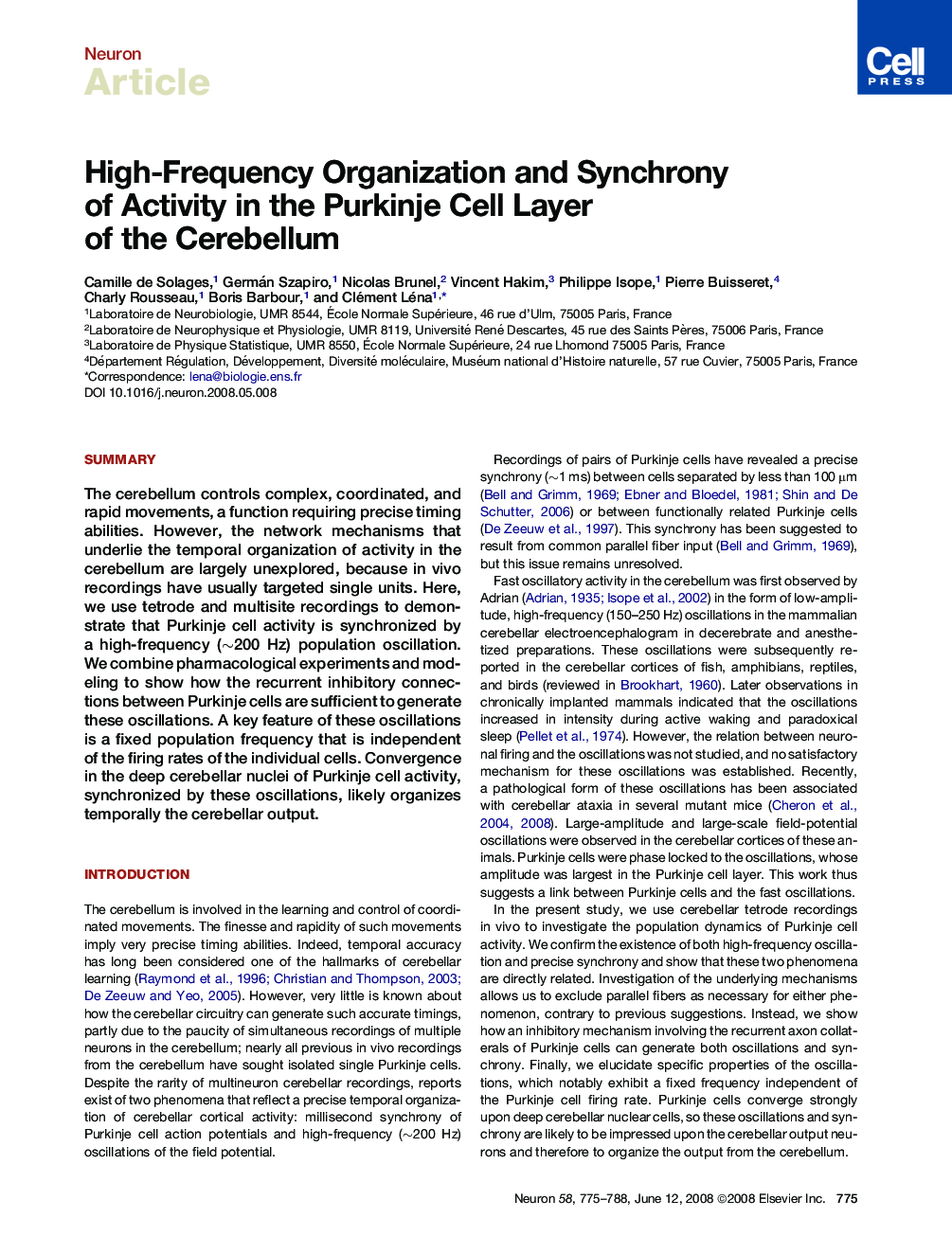 High-Frequency Organization and Synchrony of Activity in the Purkinje Cell Layer of the Cerebellum