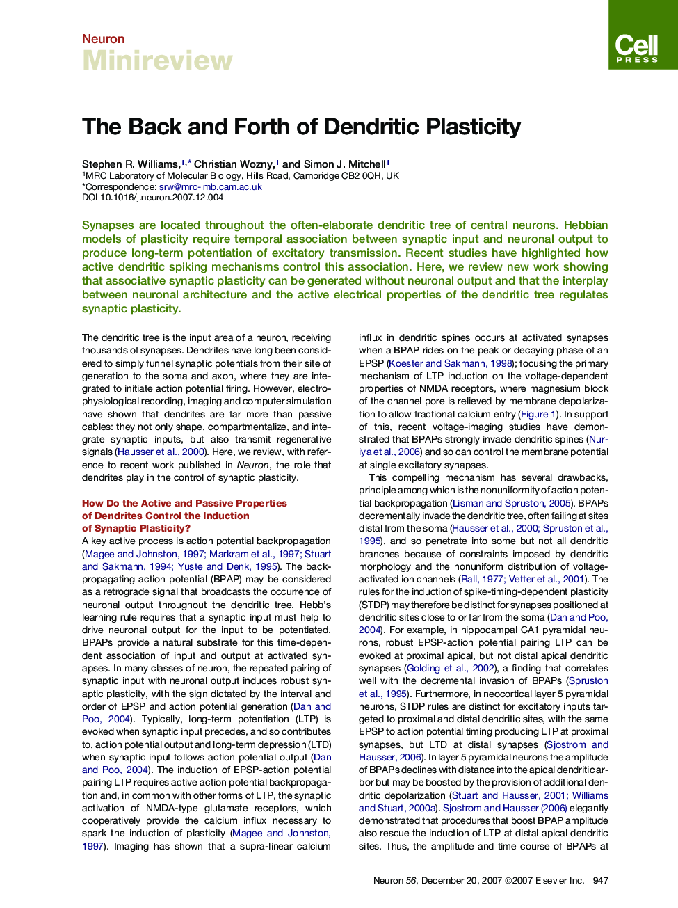 The Back and Forth of Dendritic Plasticity