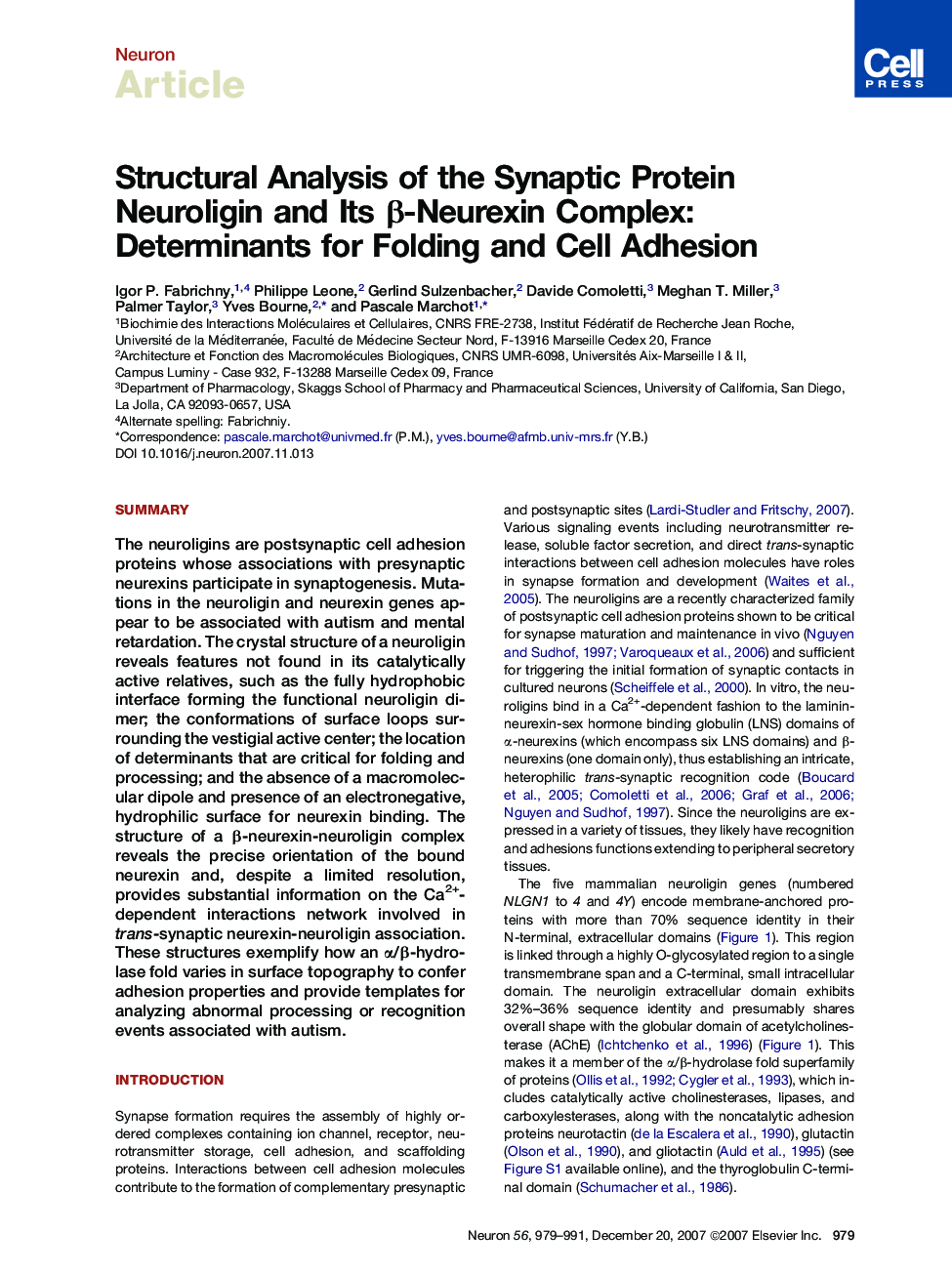 Structural Analysis of the Synaptic Protein Neuroligin and Its β-Neurexin Complex: Determinants for Folding and Cell Adhesion