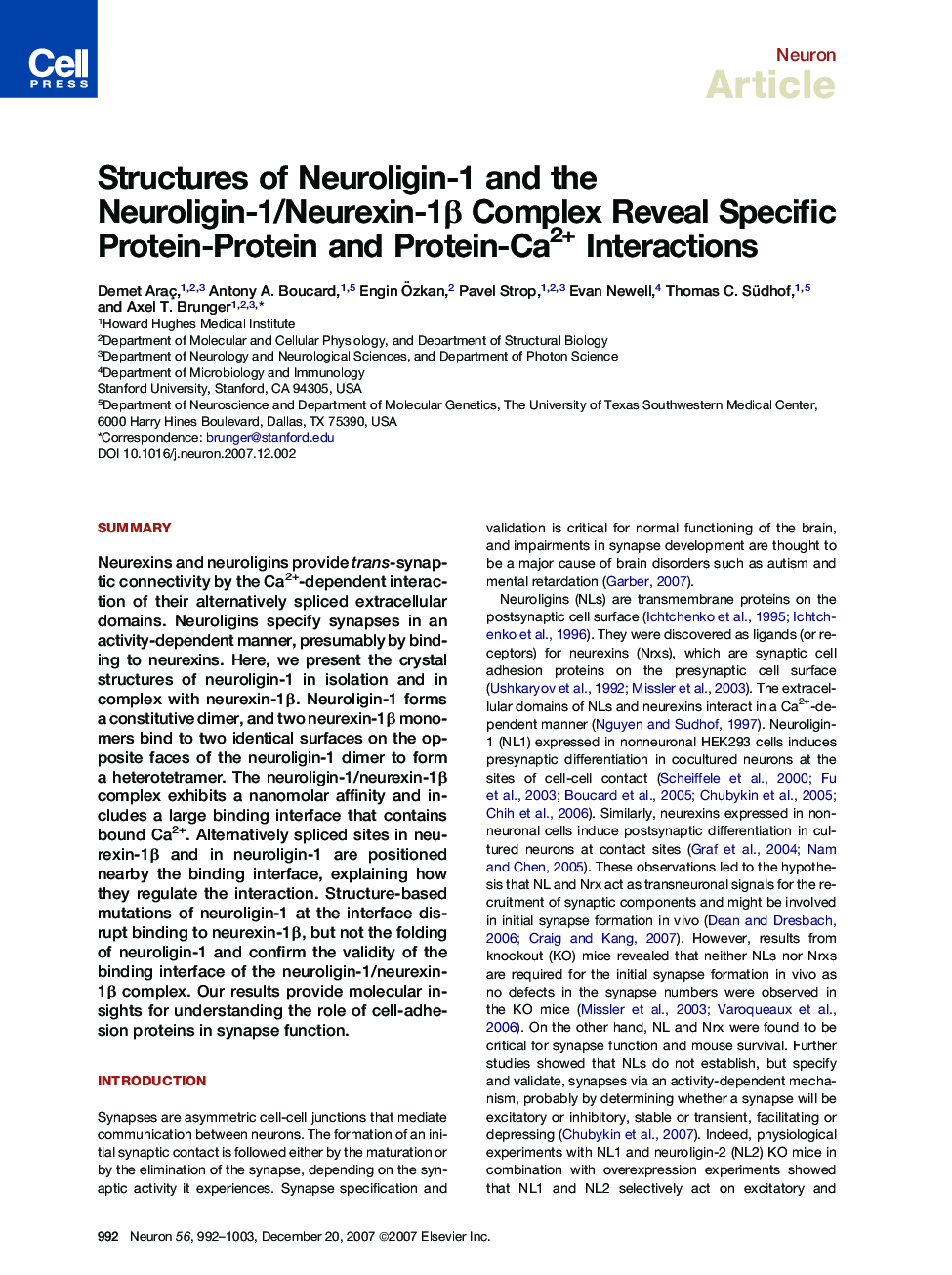 Structures of Neuroligin-1 and the Neuroligin-1/Neurexin-1β Complex Reveal Specific Protein-Protein and Protein-Ca2+ Interactions