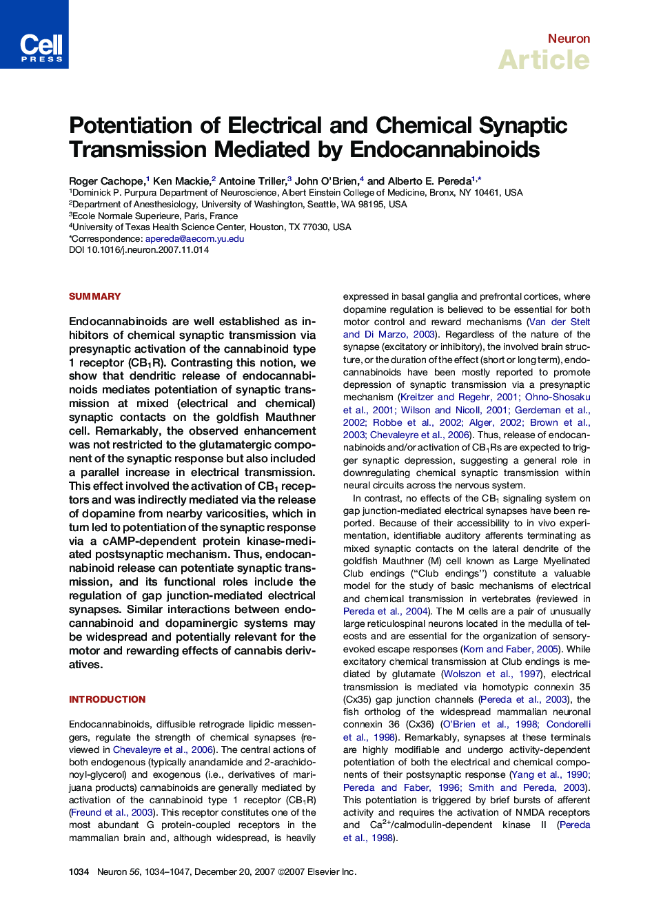 Potentiation of Electrical and Chemical Synaptic Transmission Mediated by Endocannabinoids