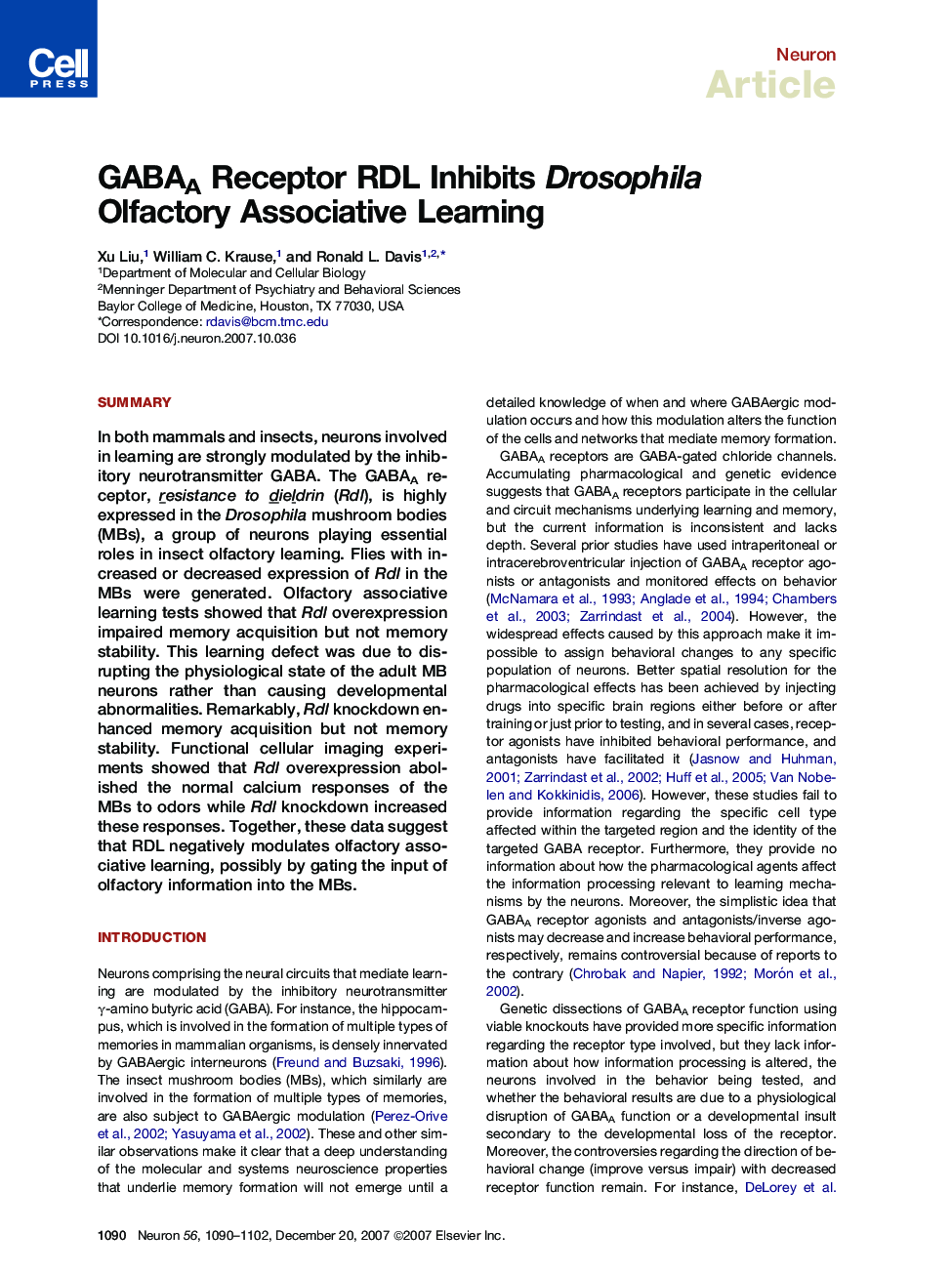 GABAA Receptor RDL Inhibits Drosophila Olfactory Associative Learning