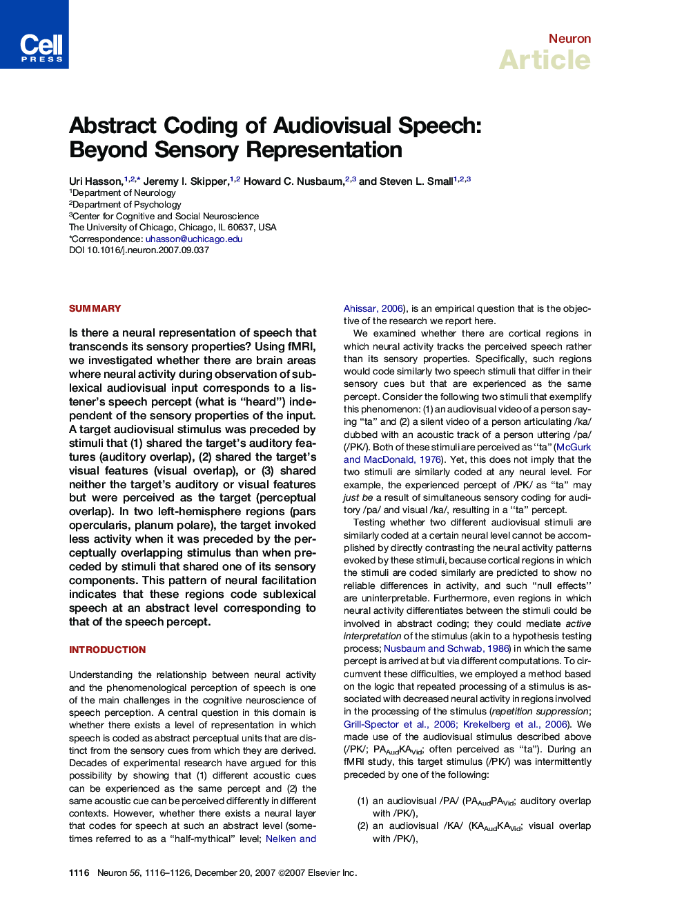 Abstract Coding of Audiovisual Speech: Beyond Sensory Representation