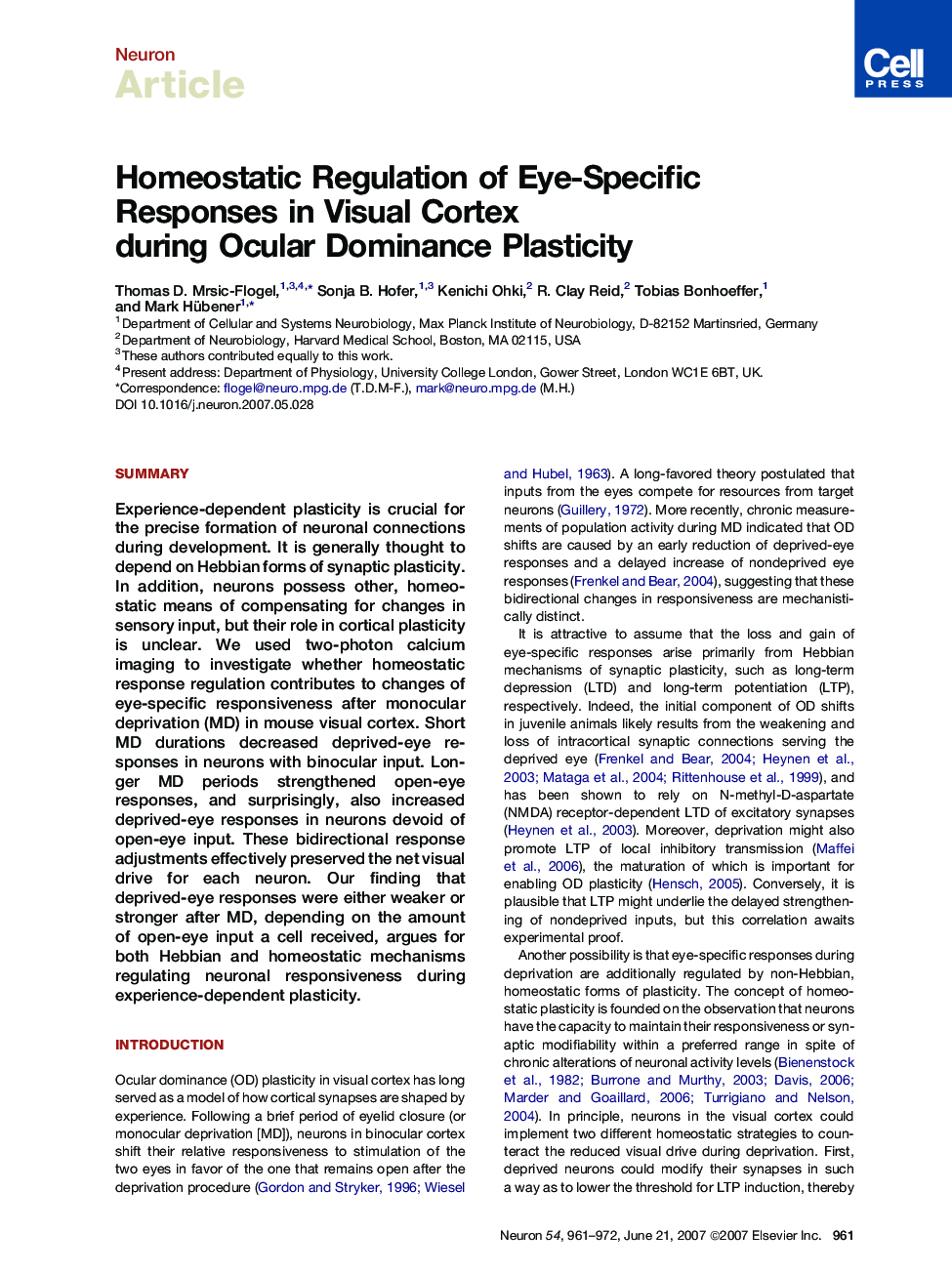 Homeostatic Regulation of Eye-Specific Responses in Visual Cortex during Ocular Dominance Plasticity
