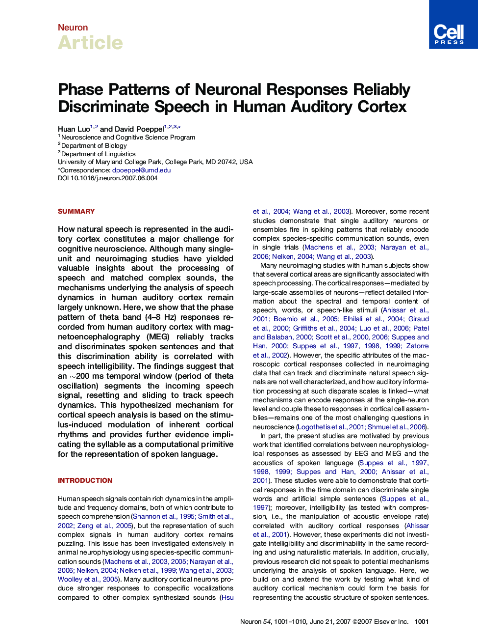 Phase Patterns of Neuronal Responses Reliably Discriminate Speech in Human Auditory Cortex