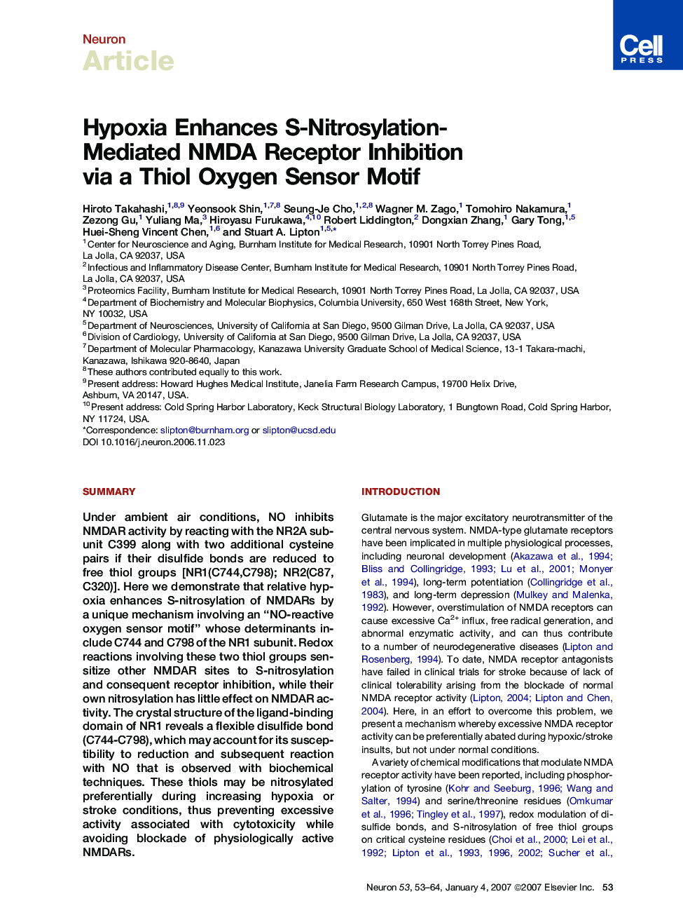 Hypoxia Enhances S-Nitrosylation-Mediated NMDA Receptor Inhibition via a Thiol Oxygen Sensor Motif