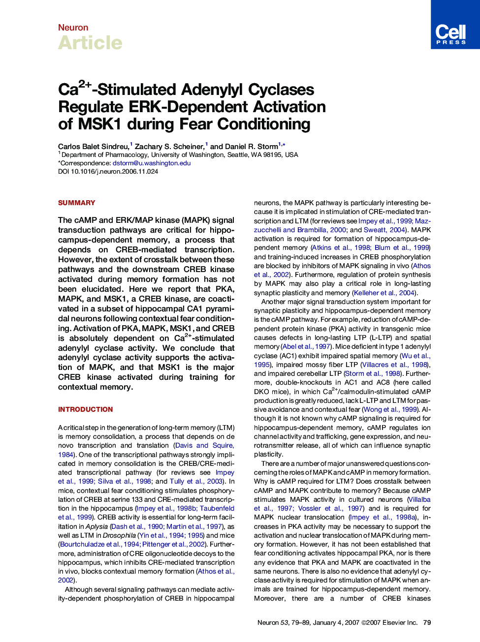 Ca2+-Stimulated Adenylyl Cyclases Regulate ERK-Dependent Activation of MSK1 during Fear Conditioning