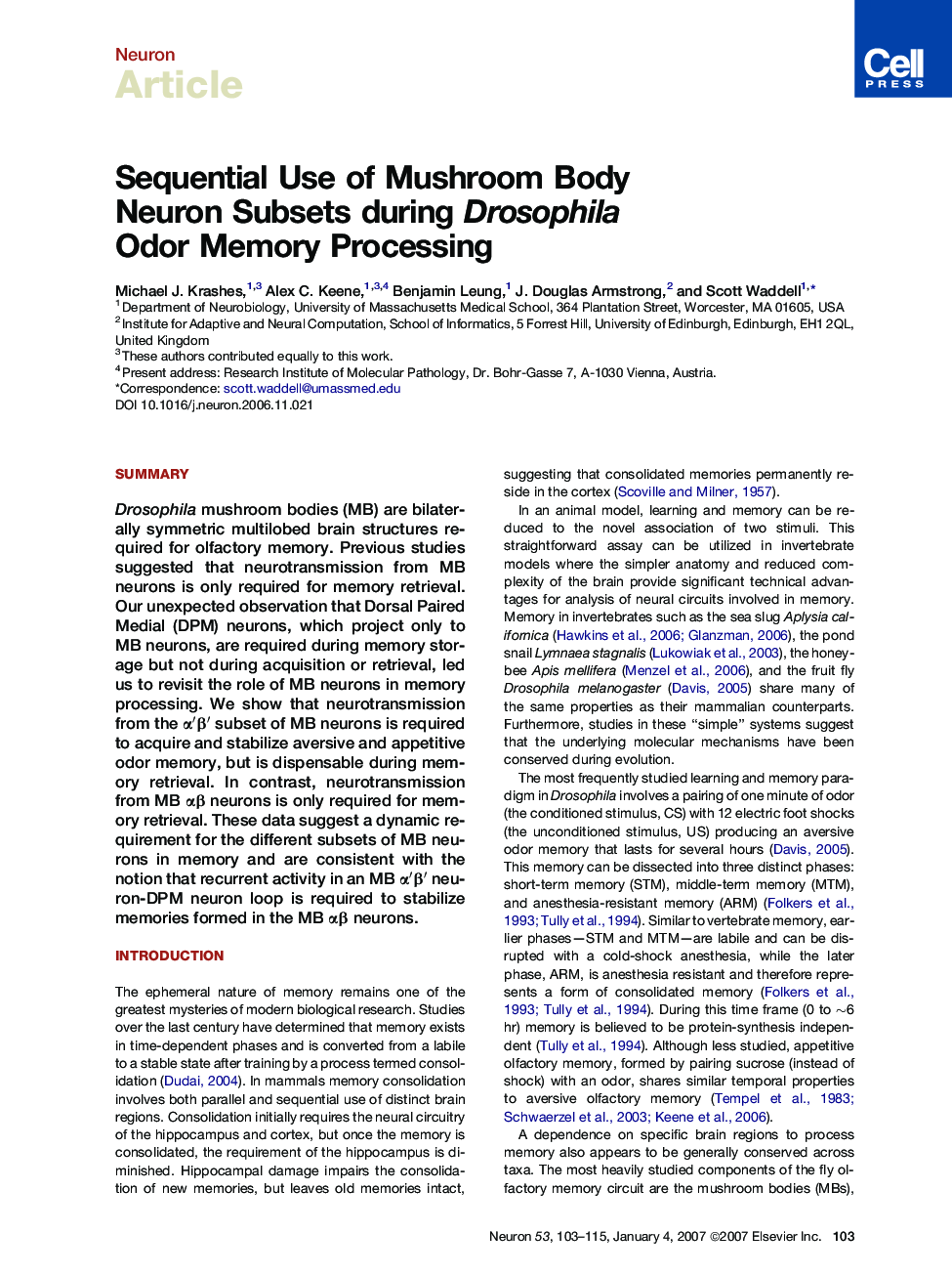 Sequential Use of Mushroom Body Neuron Subsets during Drosophila Odor Memory Processing