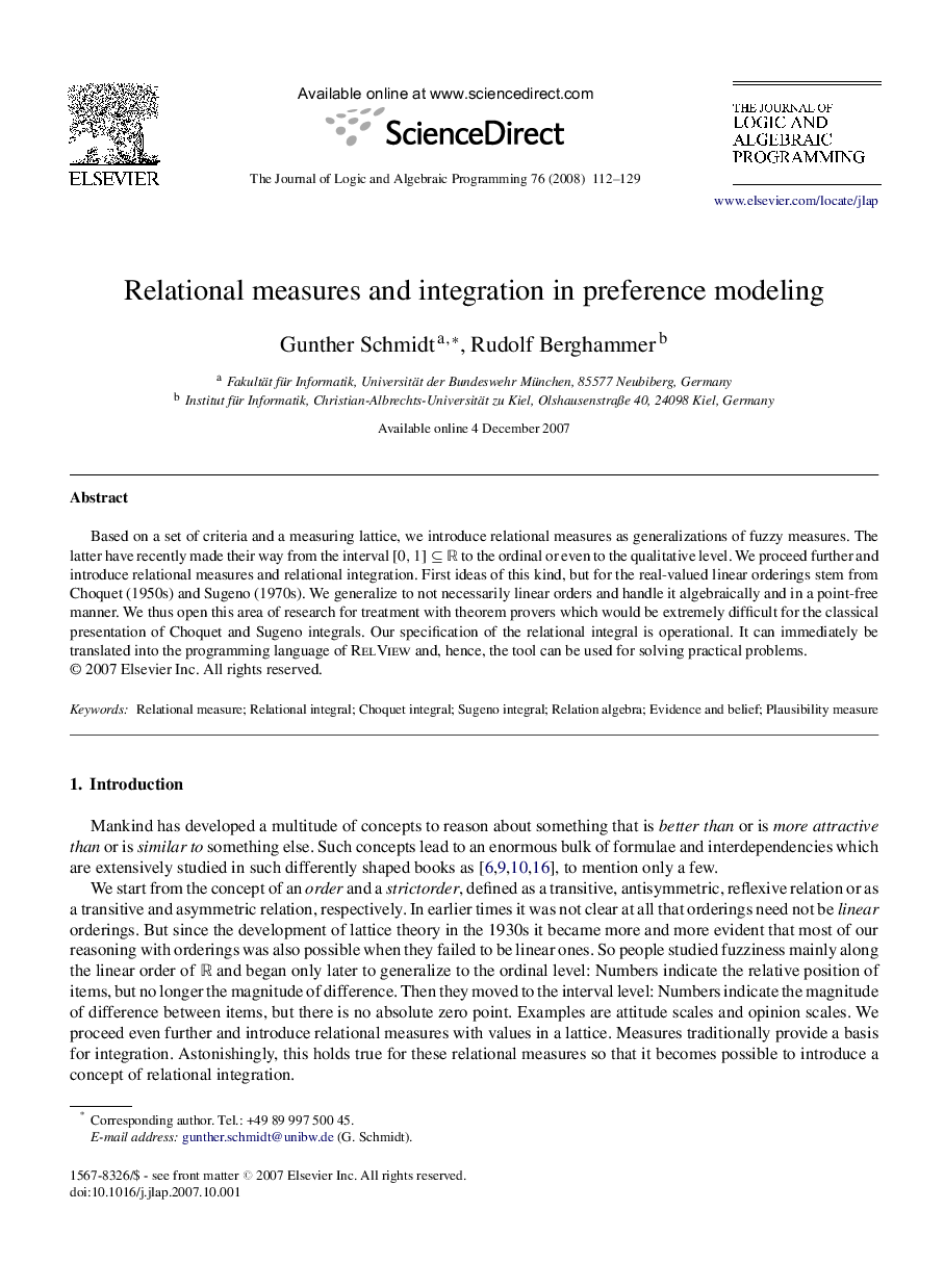 Relational measures and integration in preference modeling