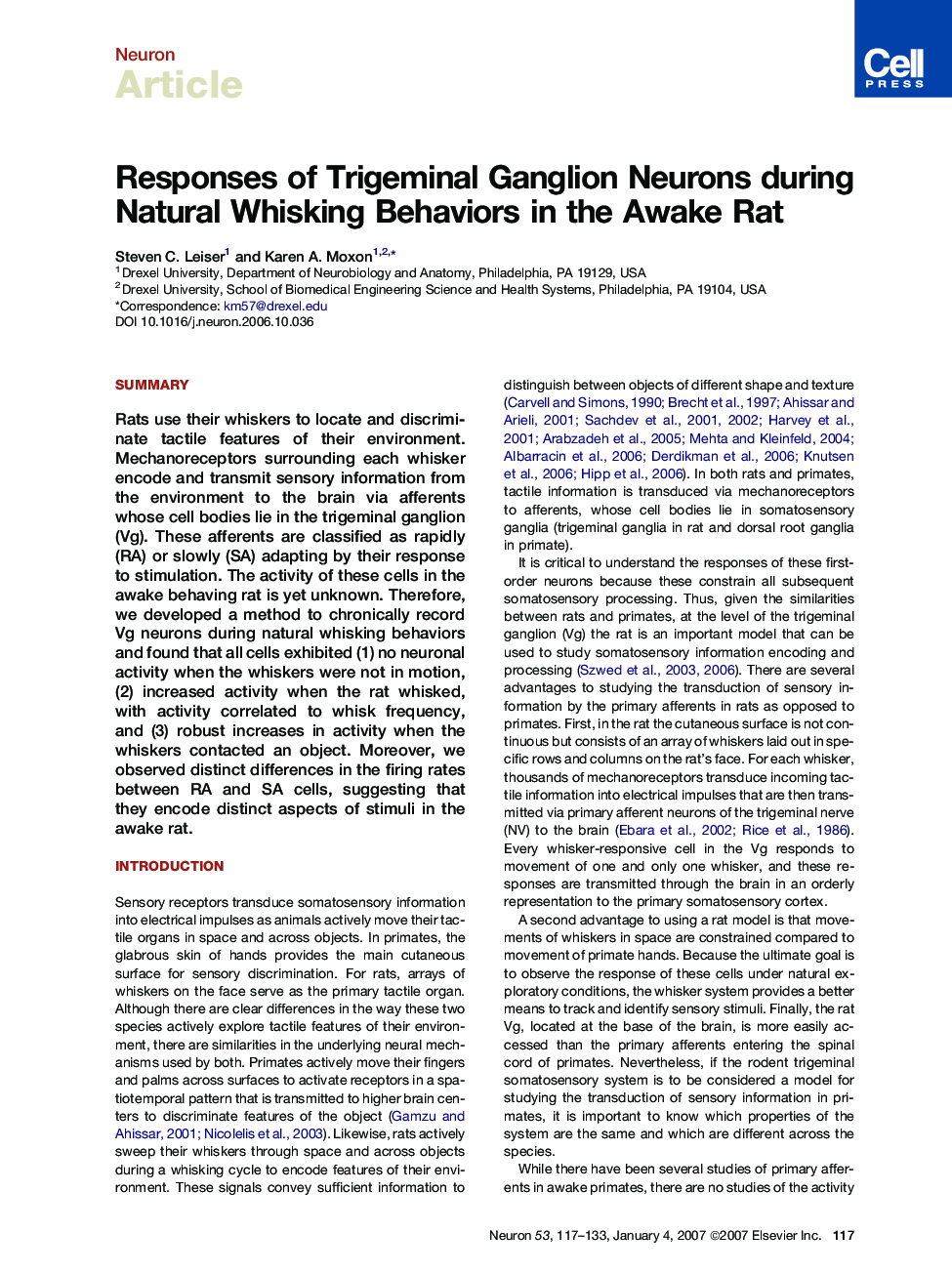 Responses of Trigeminal Ganglion Neurons during Natural Whisking Behaviors in the Awake Rat