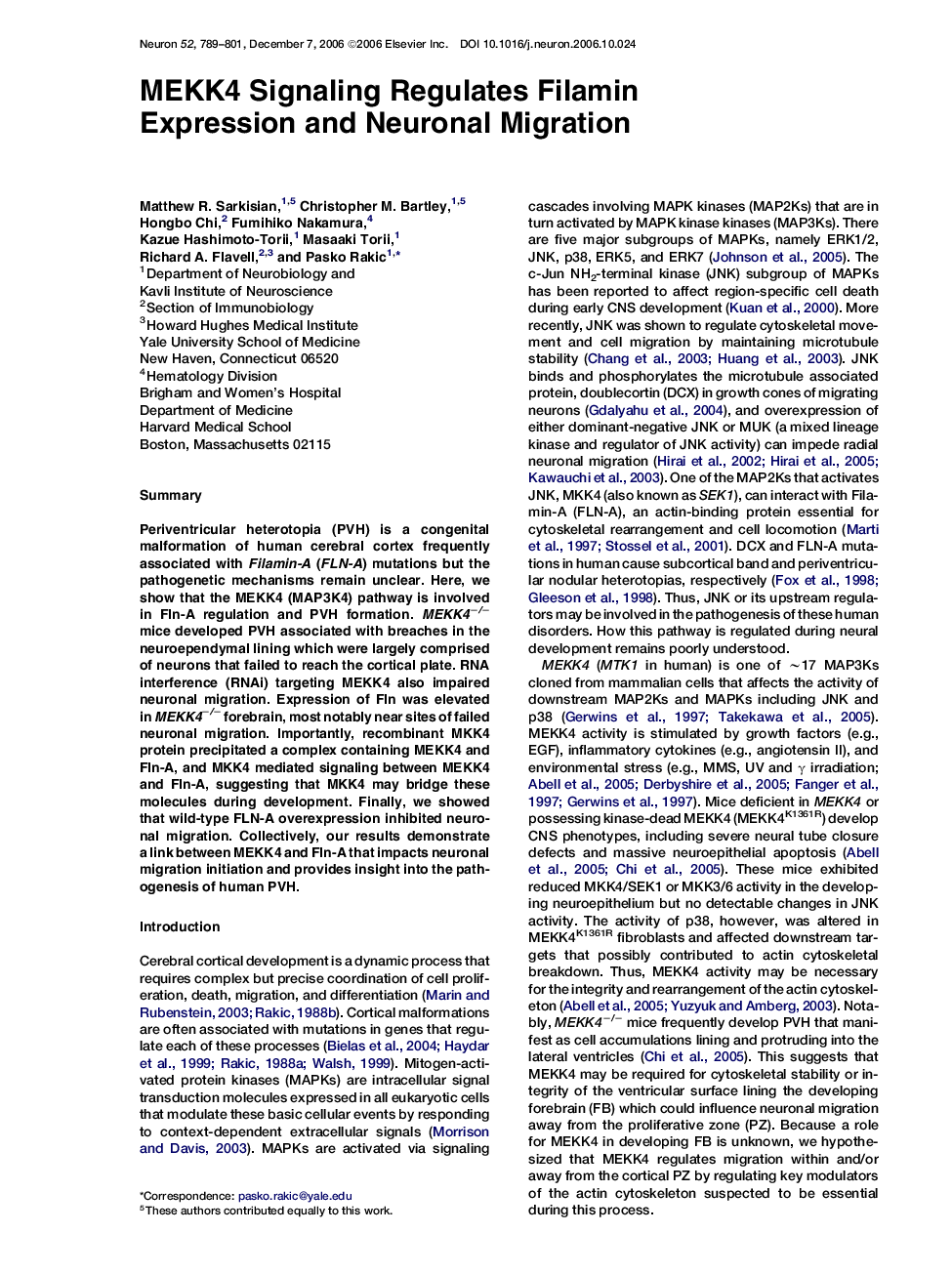 MEKK4 Signaling Regulates Filamin Expression and Neuronal Migration