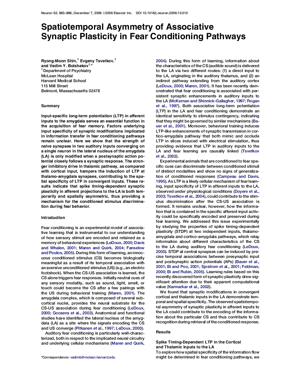 Spatiotemporal Asymmetry of Associative Synaptic Plasticity in Fear Conditioning Pathways