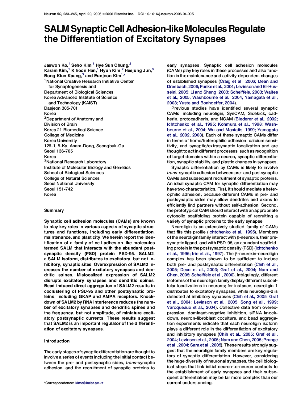 SALM Synaptic Cell Adhesion-like Molecules Regulate the Differentiation of Excitatory Synapses