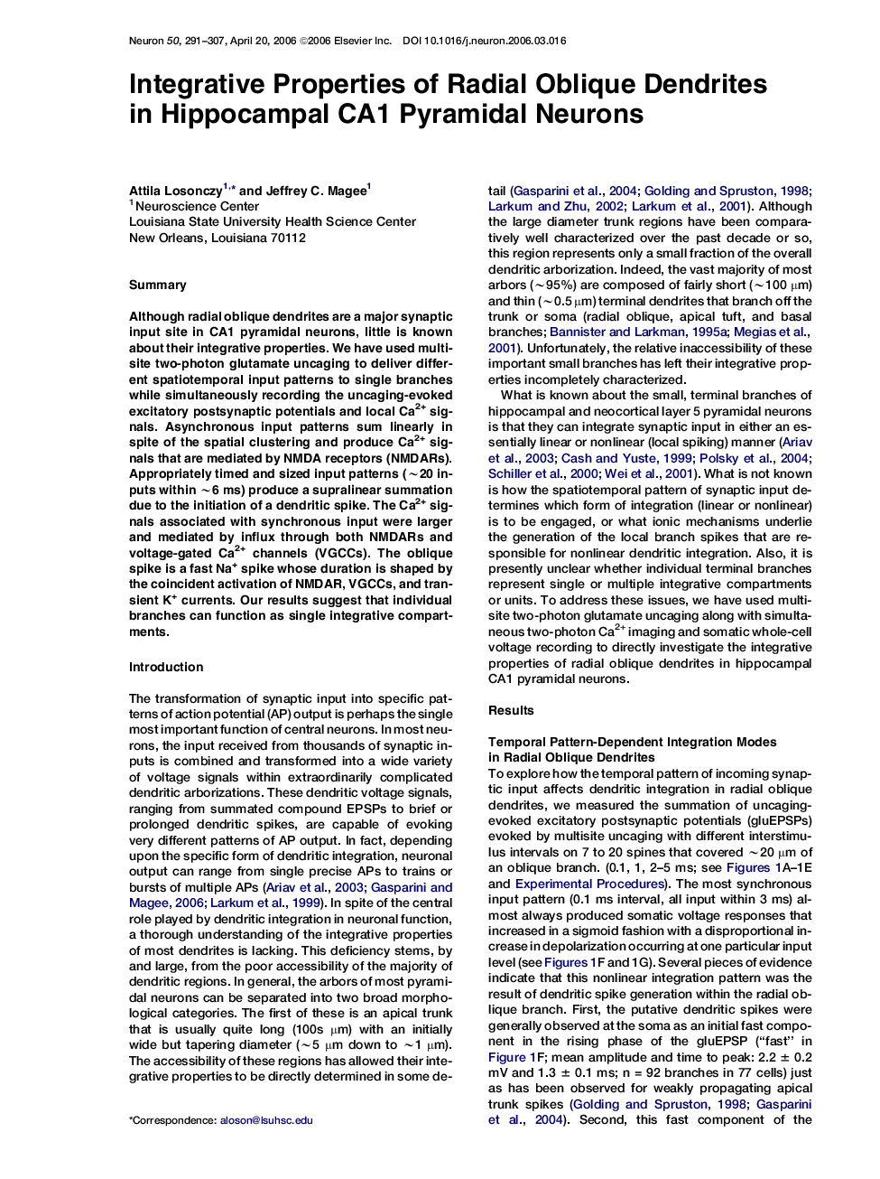 Integrative Properties of Radial Oblique Dendrites in Hippocampal CA1 Pyramidal Neurons