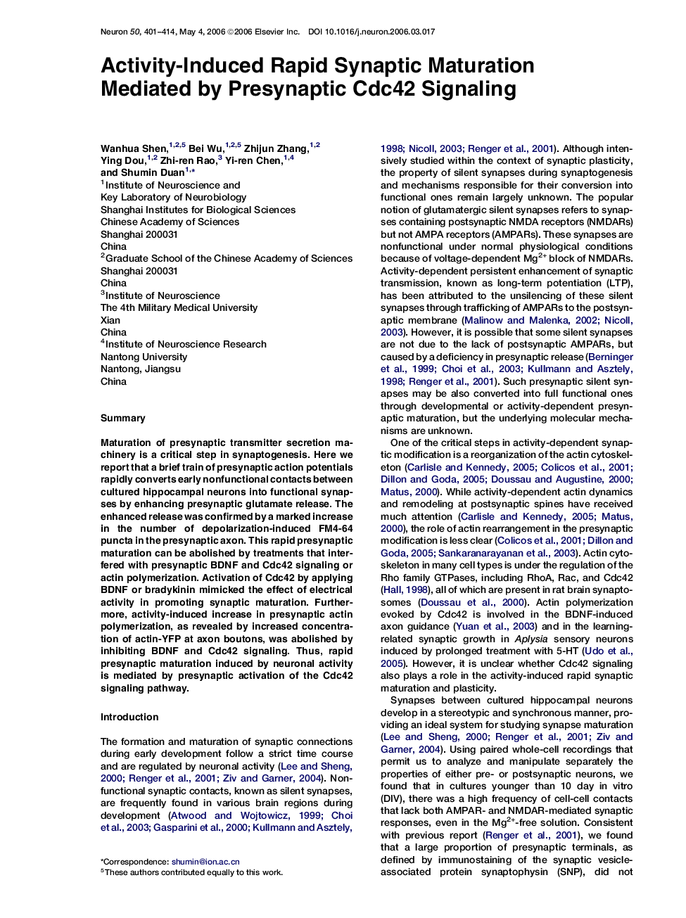 Activity-Induced Rapid Synaptic Maturation Mediated by Presynaptic Cdc42 Signaling