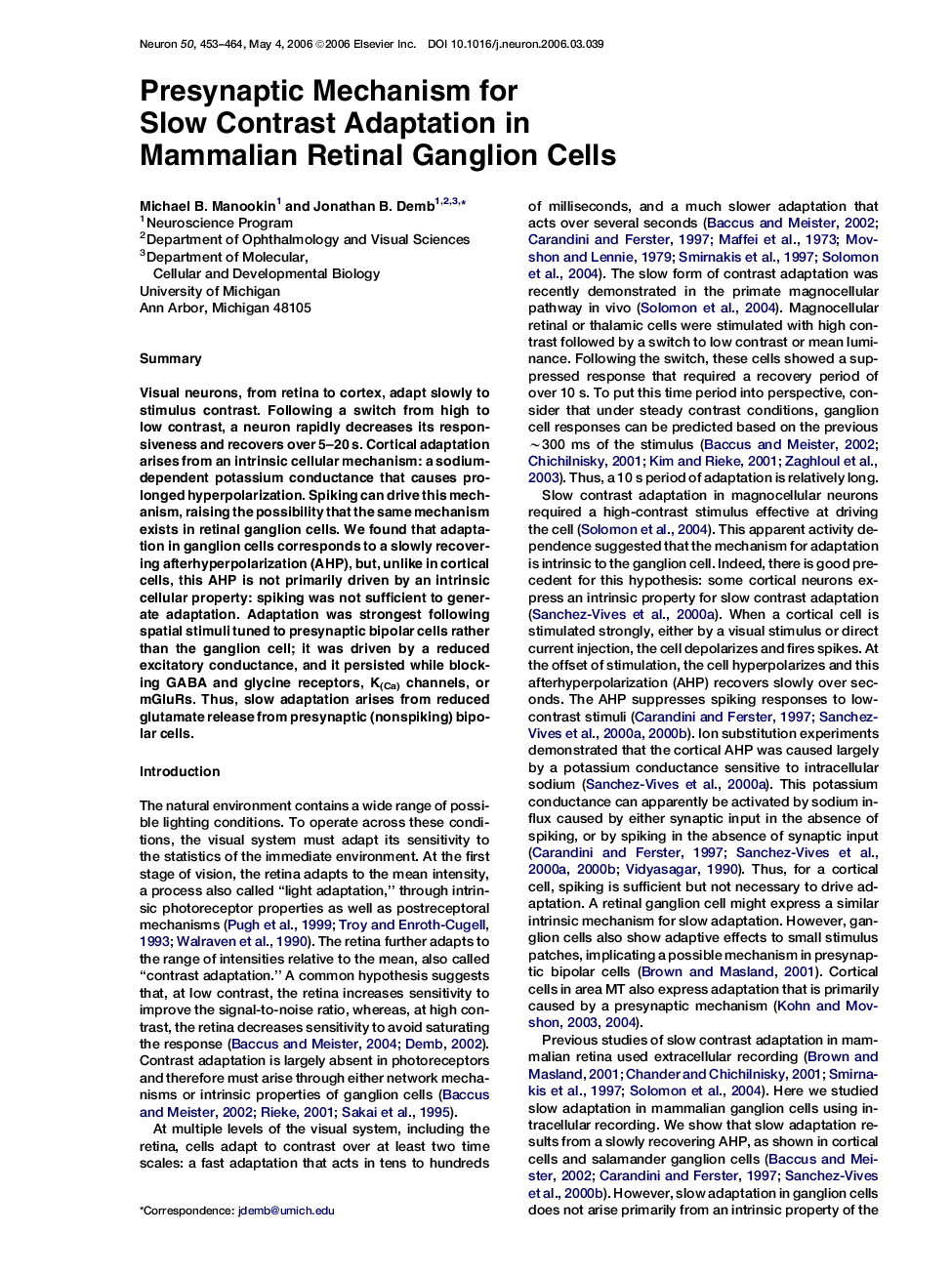 Presynaptic Mechanism for Slow Contrast Adaptation in Mammalian Retinal Ganglion Cells