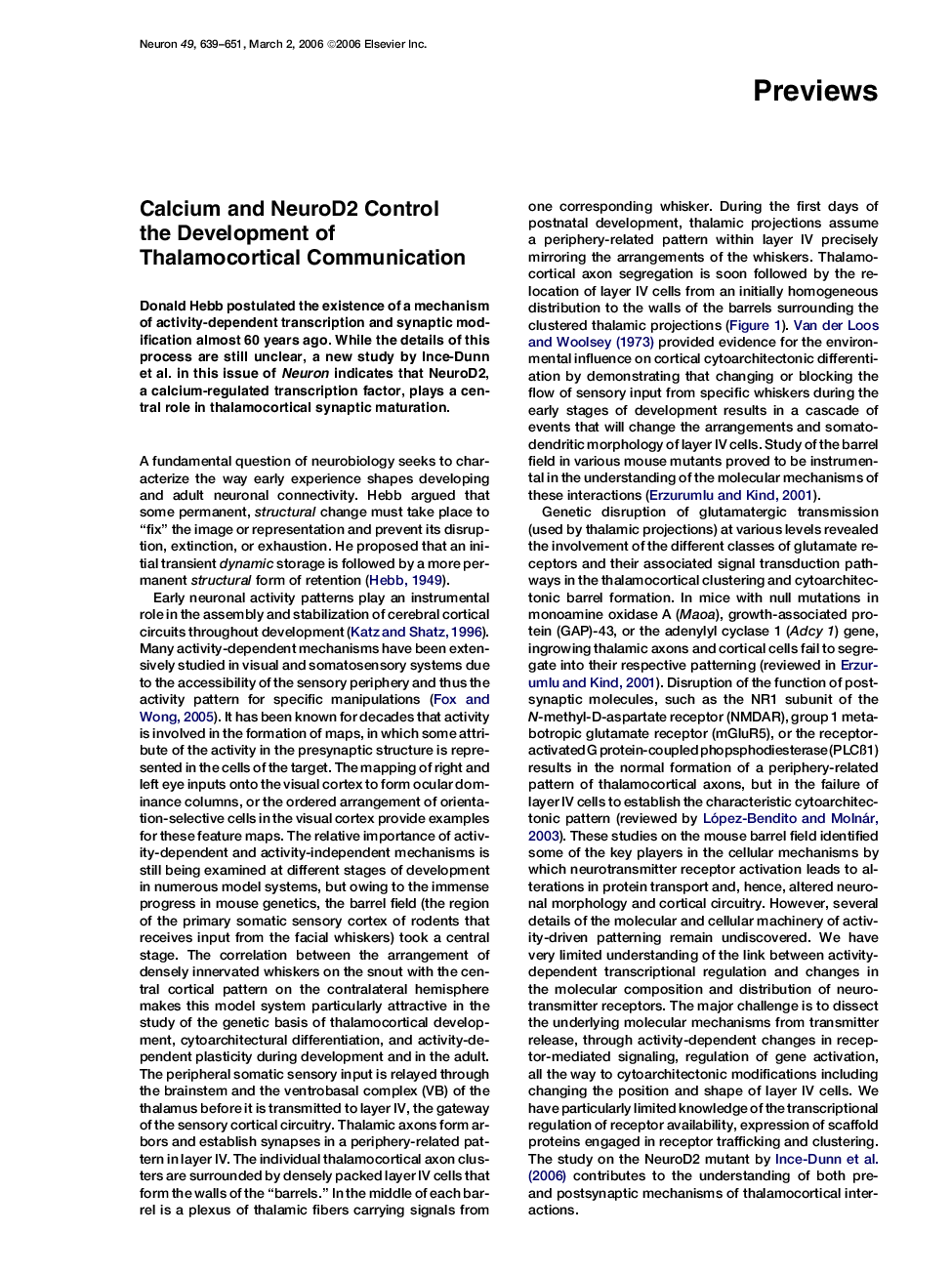 Calcium and NeuroD2 Control the Development of Thalamocortical Communication