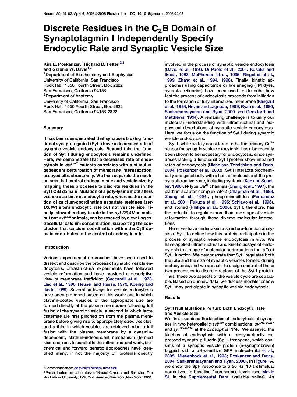 Discrete Residues in the C2B Domain of Synaptotagmin I Independently Specify Endocytic Rate and Synaptic Vesicle Size