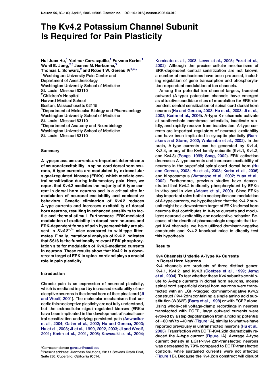 The Kv4.2 Potassium Channel Subunit Is Required for Pain Plasticity