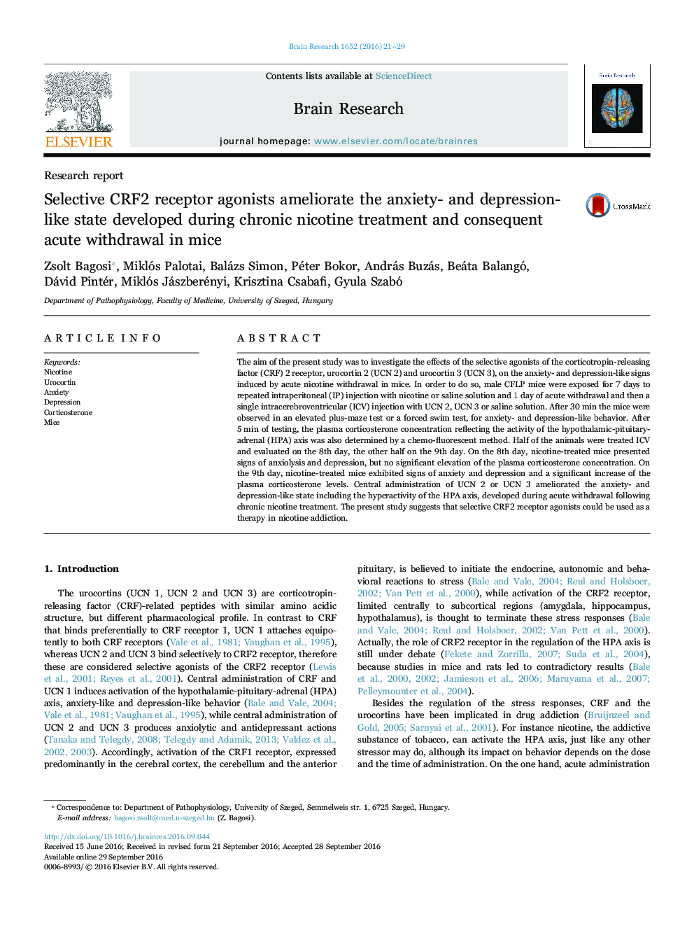 Selective CRF2 receptor agonists ameliorate the anxiety- and depression-like state developed during chronic nicotine treatment and consequent acute withdrawal in mice