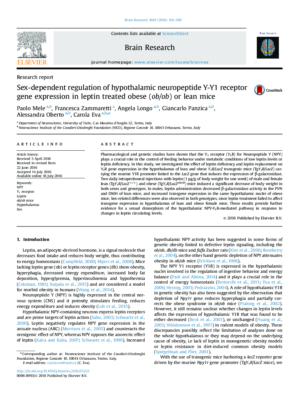 Sex-dependent regulation of hypothalamic neuropeptide Y-Y1 receptor gene expression in leptin treated obese (ob/ob) or lean mice