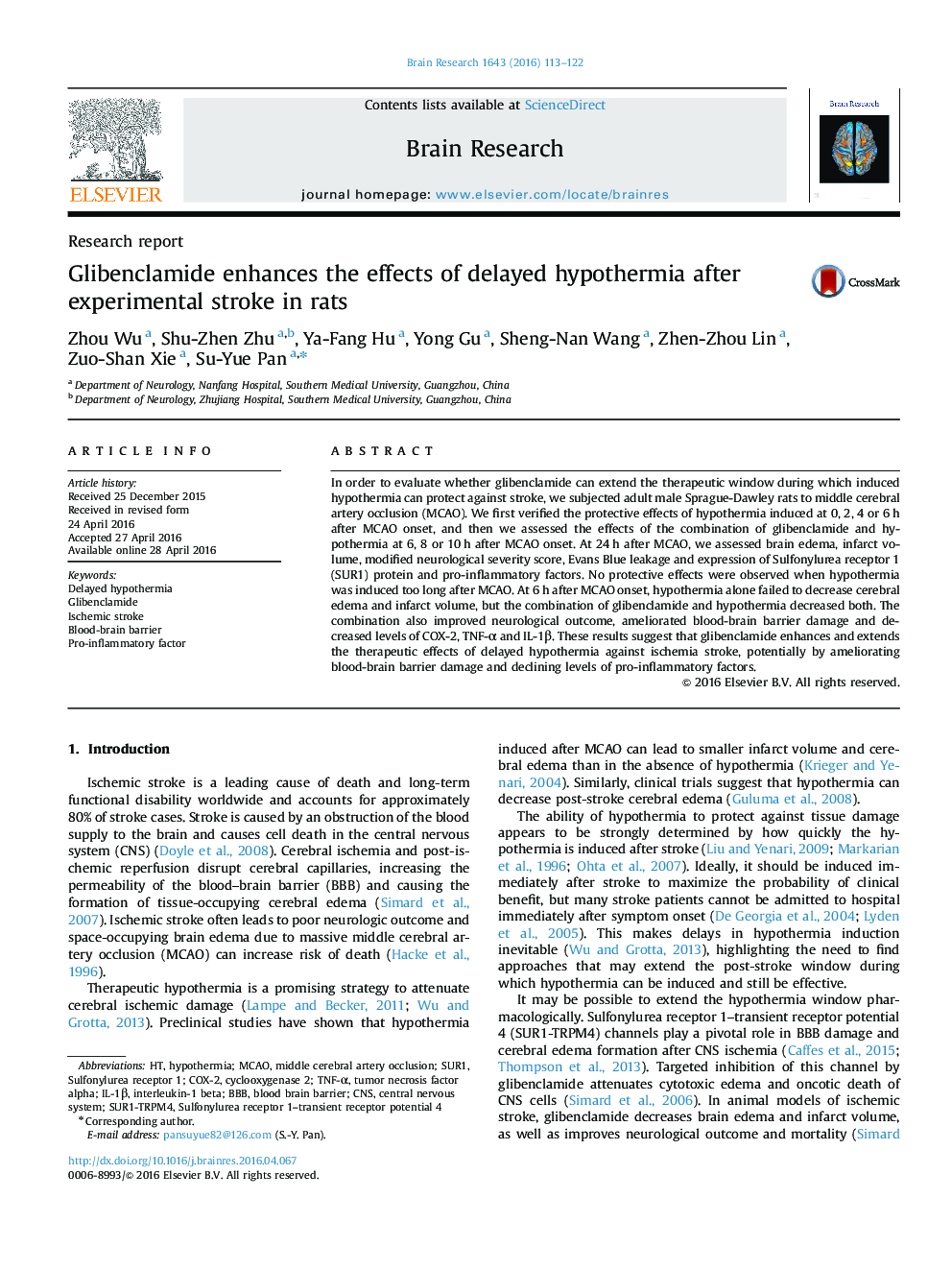 Glibenclamide enhances the effects of delayed hypothermia after experimental stroke in rats