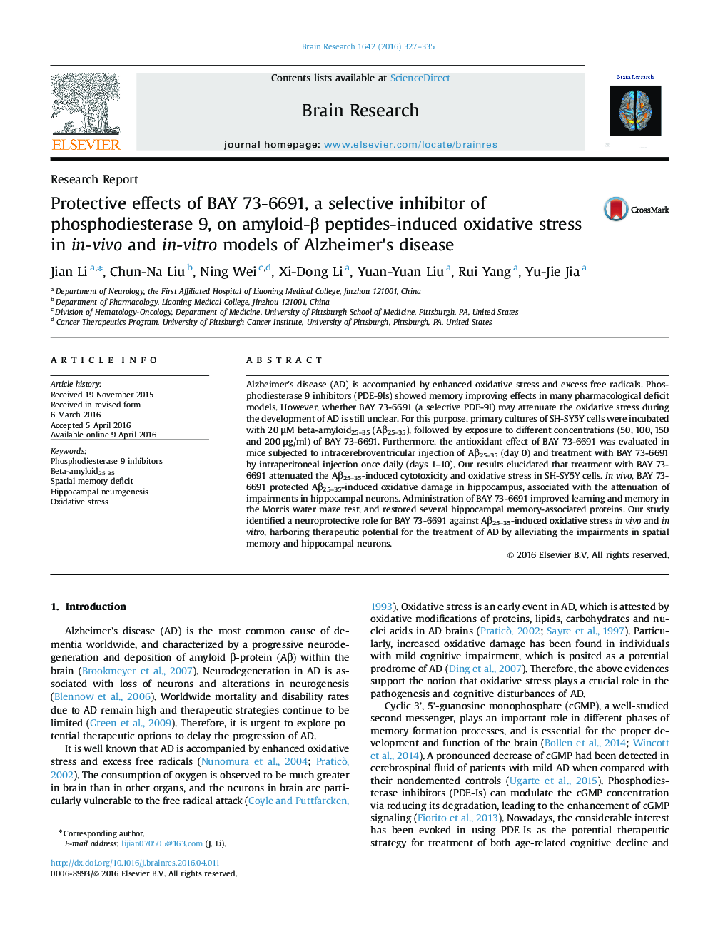 Protective effects of BAY 73-6691, a selective inhibitor of phosphodiesterase 9, on amyloid-β peptides-induced oxidative stress in in-vivo and in-vitro models of Alzheimer's disease