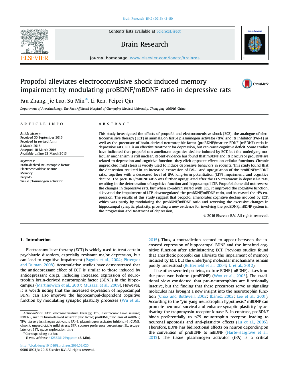 Propofol alleviates electroconvulsive shock-induced memory impairment by modulating proBDNF/mBDNF ratio in depressive rats